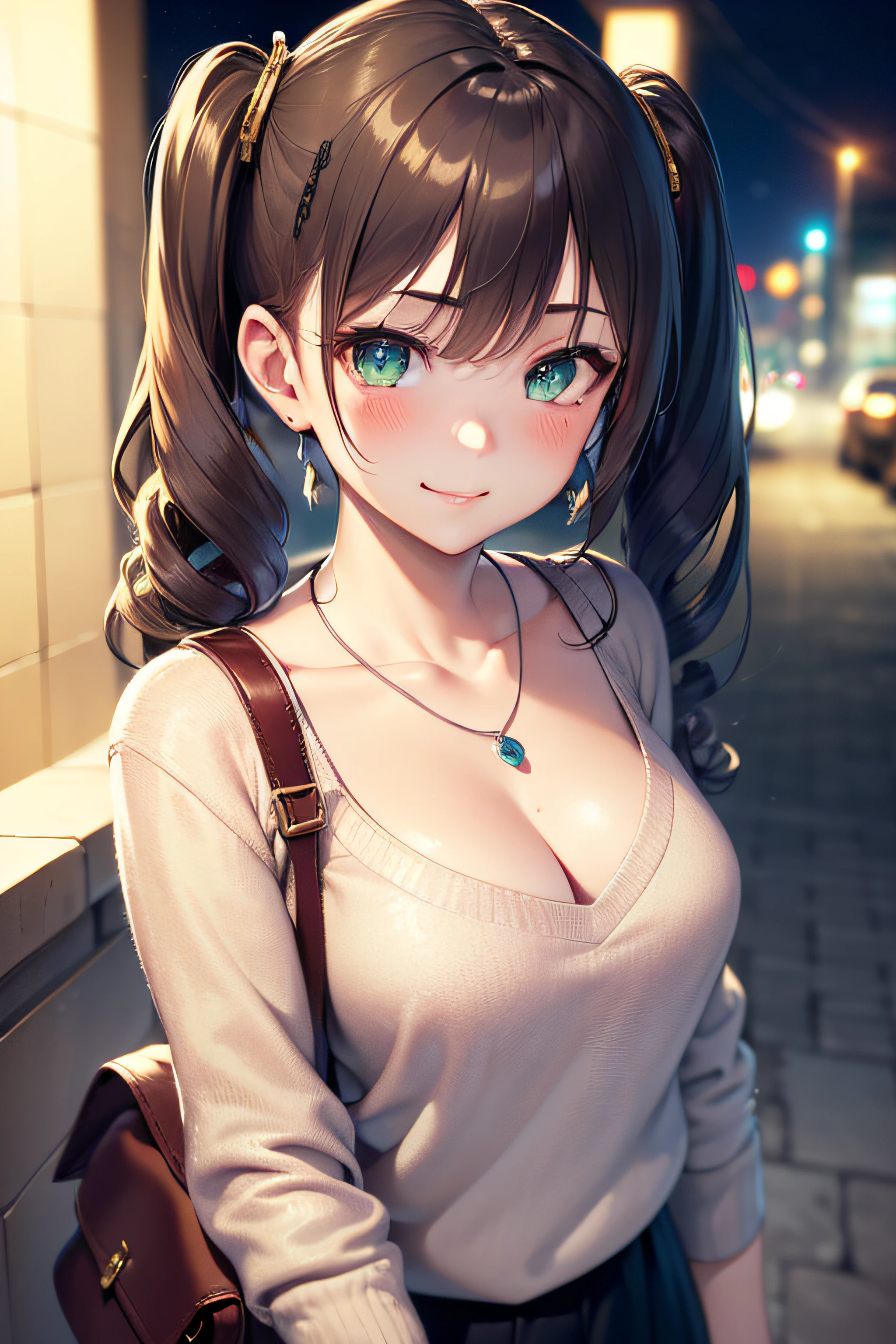 ((masterpiece, best quality, highres, UHD, perfect pixel, depth of field, 4k, RTX, HDR))), 1girl, single, solo, beautiful anime girl, beautiful artstyle, anime character, 24 years old, ((long hair, bangs, dark brown hair, curly hair:1.2, hair pin, twintail)), ((detailed face, blushing:1.2)), ((detailed eyes, anime eyes style, beautiful eyes, green eyes:1.8, sparkling effect)), ((smooth texture:0.75, realistic texture:0.5, anime CG style)), ((medium breasts, cleavage)), busty, perfect body, ((close up, cute, shot on face, pov selfie, smile)), ((white sweater, black skirt, the bra is visible from inside the sweater)), outdoor background, absurd background, bokeh:1.4, ((night, night lights)), ((minimalist necklace, silver necklace, 1baguette bag, fashionable))