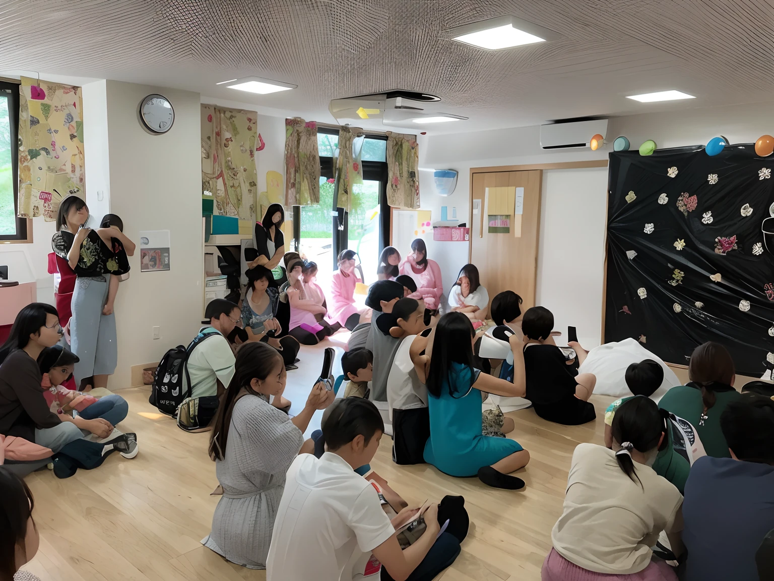 There are many children sitting on the floor of the room, throughout the room, masutepiece!!, Busy Room, taken with sony alpha 9, wide Shots, wide Shots, by Ayami Kojima, 8K!!, by Nishida Shun'ei, wide Shots, Summer, 8K)), abcdefghijklmnopqrstuvwxyz