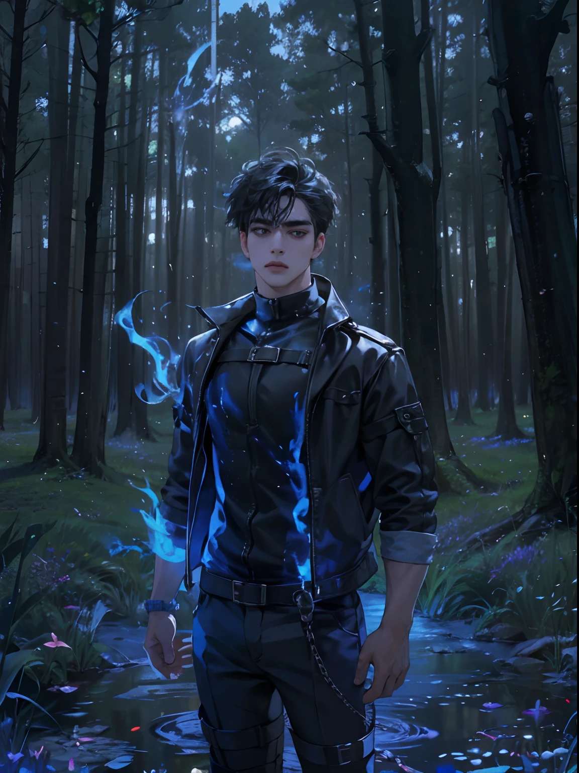 25-year-old man holds blue fire, Lleva una armadura de luz negra japonesa, En el bosque oscuro, cinematic lighting, profundidad de campo, Luz brillante, Trazado de rayos, Reflection light, primer plano, obra maestra, obra maestra, alta calidad, La mejor calidad, Detalles altos, ccurar, Anatomically correct, piel texturizada, UHD, Altas Resoluciones, 1080p