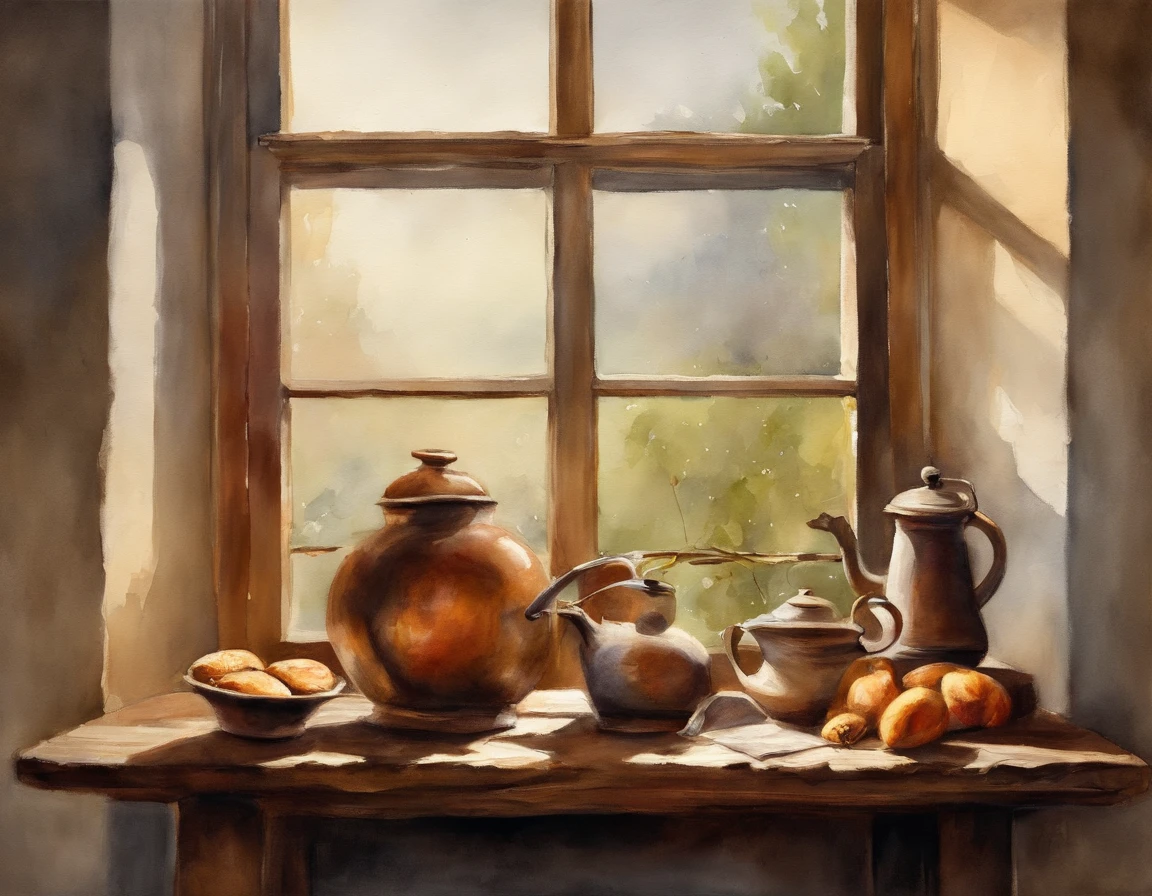 photograph of-realistic, 4k picture quality, High definition, cinematographic light, foco nítido, wooden tables, Pine type, Aged wood, Image focus in the middle of the table, aaaaaaaaaax,A clay pot with wine, and bread clay pots, Next to the kettle cup, Only these items are on the table, Mood lighting, Notunnu Schedule, There are windows to the campus