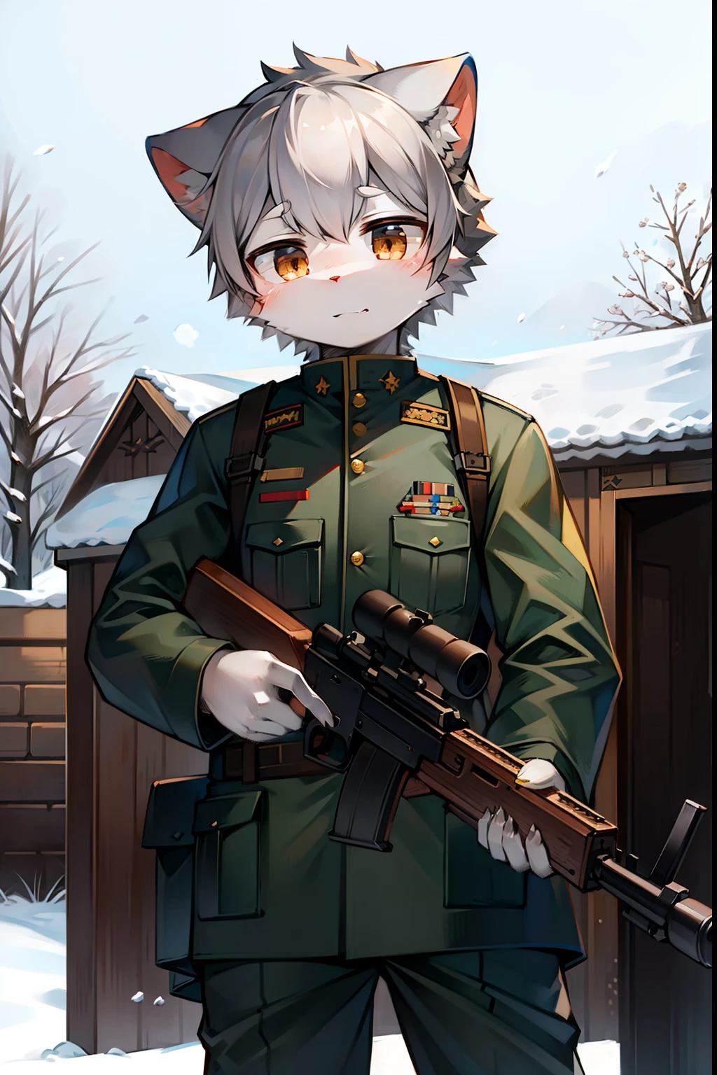 cute anthropomorphic cat kemono style, wearing German military uniform of the first war gray and especially gray, segura um rifle, dentro de uma trincheira na neve