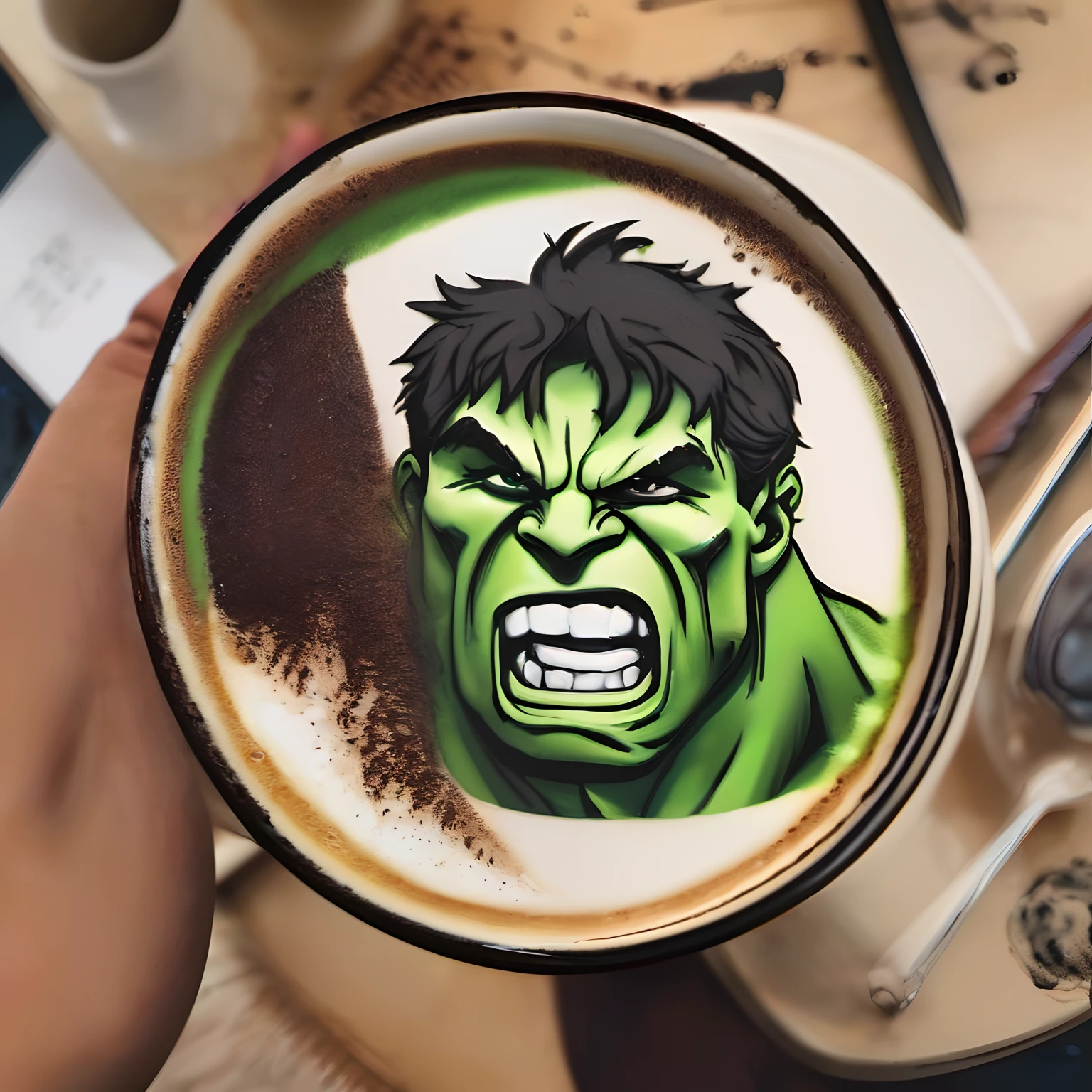 (Cafe Latte、Latte art):1.5、(Expressing the face of a hulk with latte art):1.5、masutepiece、realisitic