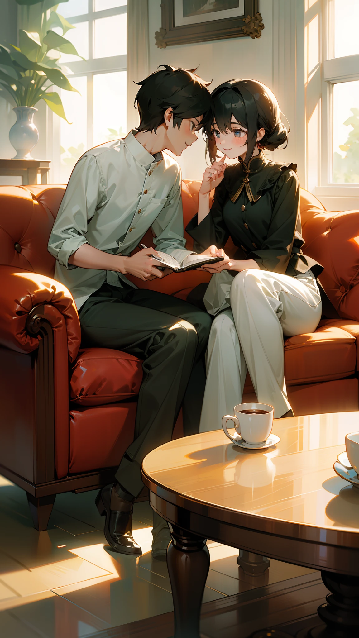 ((Masterpiece,Best quality,modern)), Screen description：
In a welcoming living room，Two people sitting together。They had happy and contented smiles on their faces，The eyes reveal deep emotion。They are close to each other，Intimate communication。Two cups of coffee were placed on the table，And an open book，Shows the casual atmosphere of their chat。Sunlight pours in through the windows，Illuminated the whole room，Creates a peaceful and warm atmosphere。

Simple description：
In a welcoming living room，Two people sitting together and chatting。They enjoy each other's company，with our hearts open wide，Speak one's mind。They listen attentively to each other's nonsense，Share the little things that happen in each other's lives。This long-lasting relationship is built on mutual understanding and love。