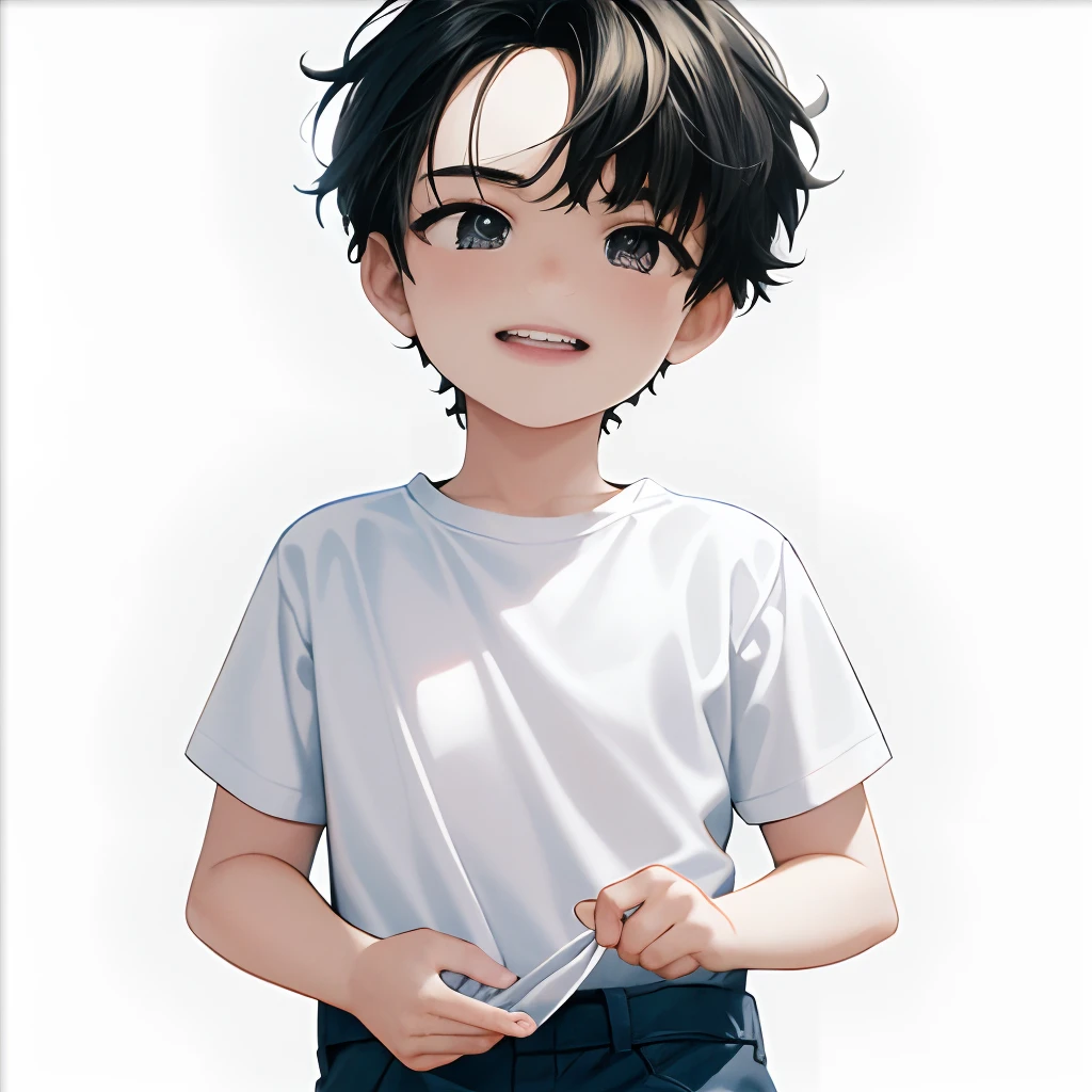 create a smiling 13 year old boy showing his teeth, nerdy style, brown hair, skinny, in a drawing with a white background