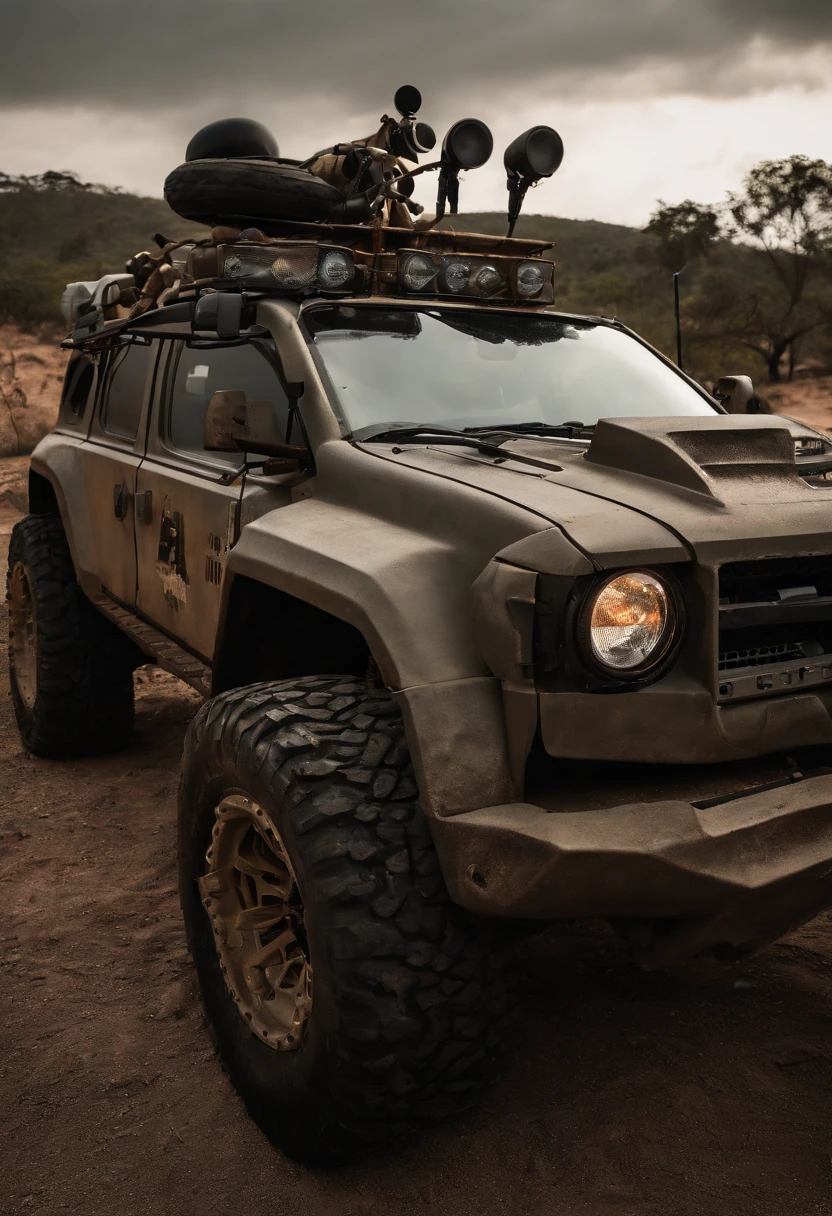 Um closeup de um carro hibrido, Prepared to face a zombie invasion, estribos nas laterais, com brindagem, Competition Accessories (( pneus grossos e altos)) rodas preta de off-road, quebra mato frontal ((( Estilo militar))), com pontas e correntes presa a carroceria, postapocalyptic style, Estilo Mad Max, dominance, corpo inteiro, corpo inteiro, 4l, gm, desporto, Detalhe poderoso, Album art, new vehicle, extremamente intrincado, vehicle, ao fundo deserto do nordeste do Brasil, um burro ao lado do carro