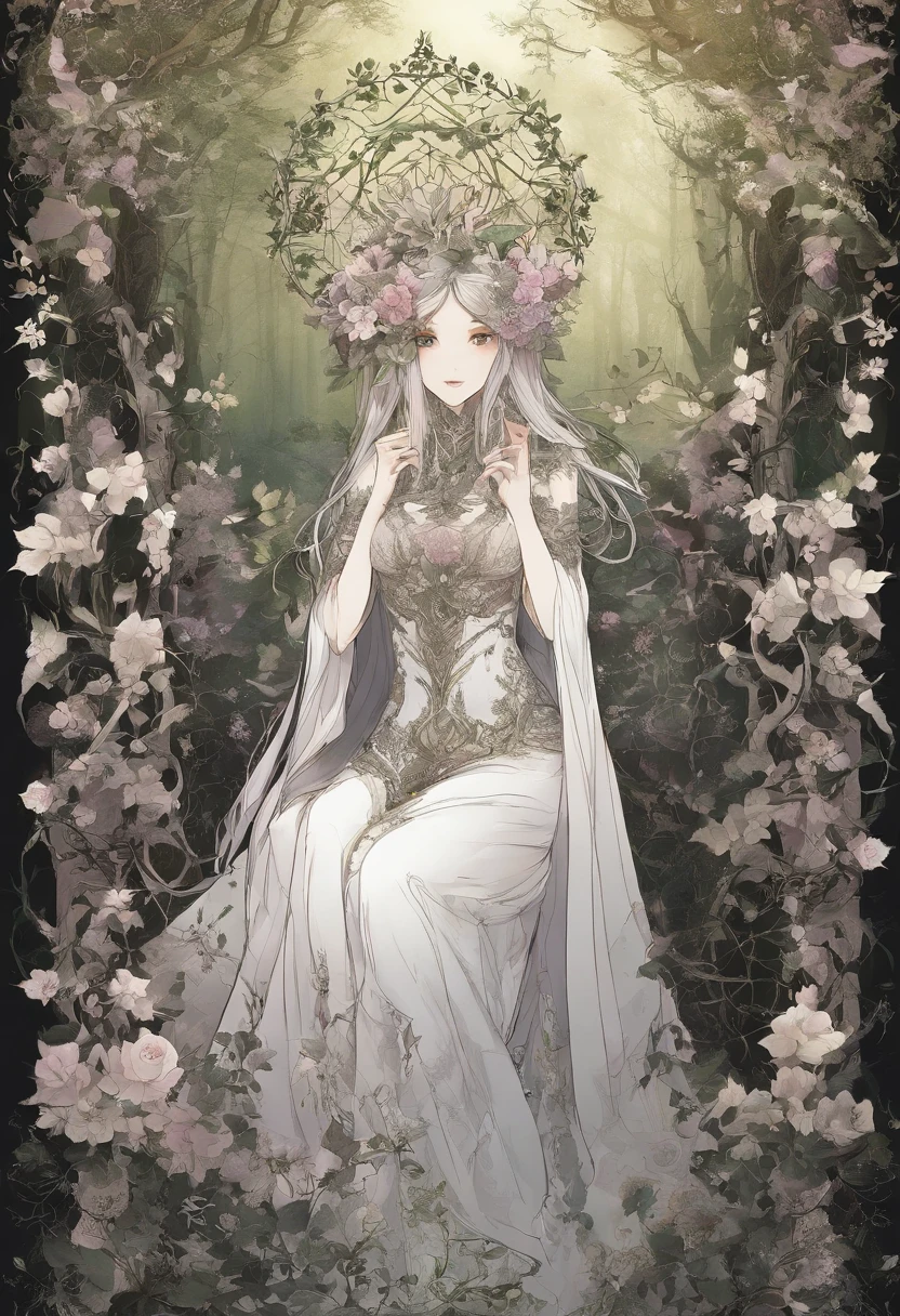 tmasterpiece, top-quality, 1 Dryad、Slim body、Large breasts、Leaf clothes、Large leaves on the head,,,、World Tree、Fantastical、Slim body、Large breasts、beautiful countenance、Dryads、larva、mito 、PsyAI，Dimly lit forest，Pale skin，Vines wrap around the body，The vine passes between the legs