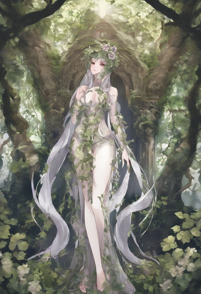 tmasterpiece, top-quality, 1 Dryad、Slim body、Large 、Leaf clothes、Large leaves on the head,,,、World Tree、Fantastical、Slim body、Large breastsful countenance、Dryads、larva、mito 、PsyAI,Dimly lit forest,Pale skin,Vines wrap around the body,The vine passes between the legs