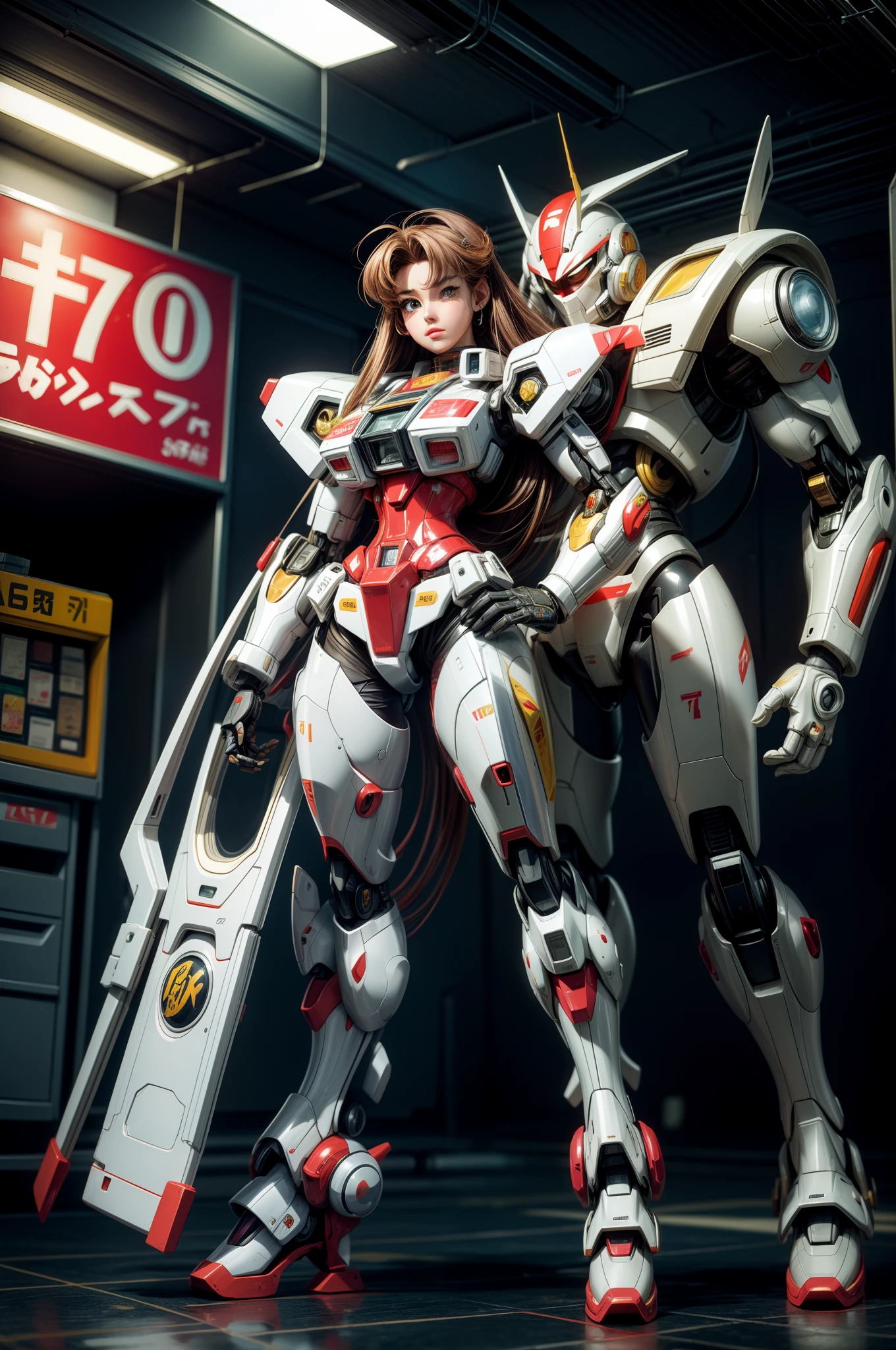 Vintage 90's anime style. stylish mecha in 7/11 convenience store., sci-fi.
