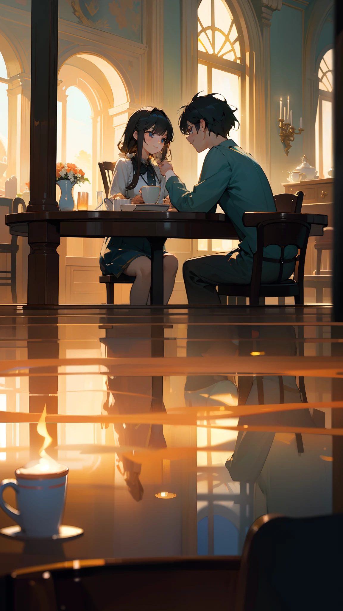((Masterpiece,Best quality,modern)), depiction:In a spacious and bright café,Two people in love sit at a round table。They are smiling,Eyes meet,Listening to each other's nonsense。On the table is a cup of fragrant coffee and a sweet cake,Exudes an enticing aroma。The café is filled with warm lights,Soft music comes out of the speakers,Creates a romantic and relaxing atmosphere。