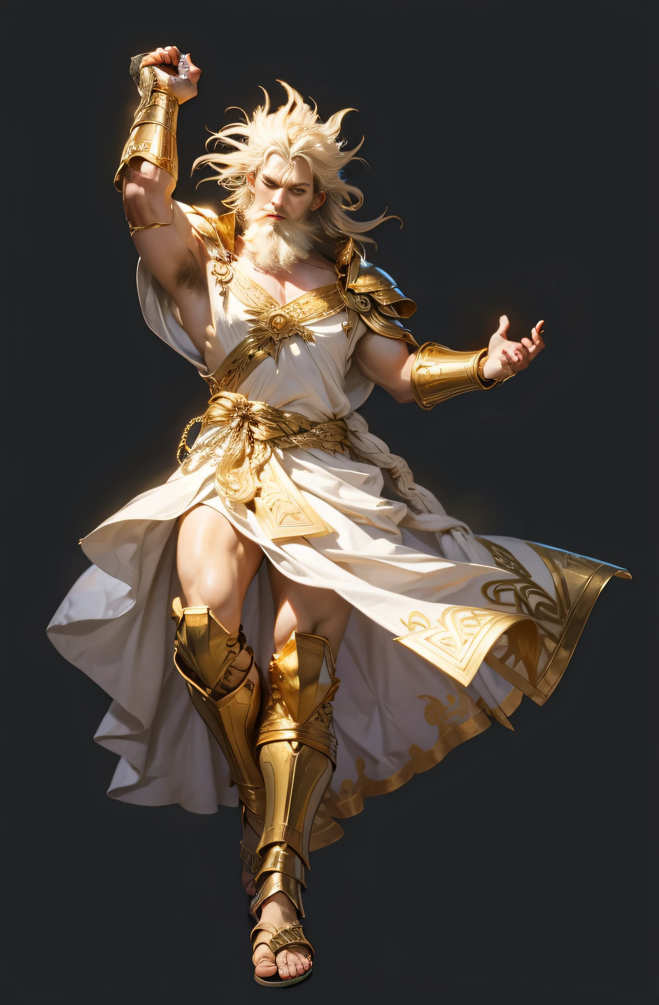 greek myth，Zeus，Flying sacred white robe，Gold Greek decorative pattern，Golden shoulder blades，gold bracers，Gold shin guard，divino，Great，Kamimei