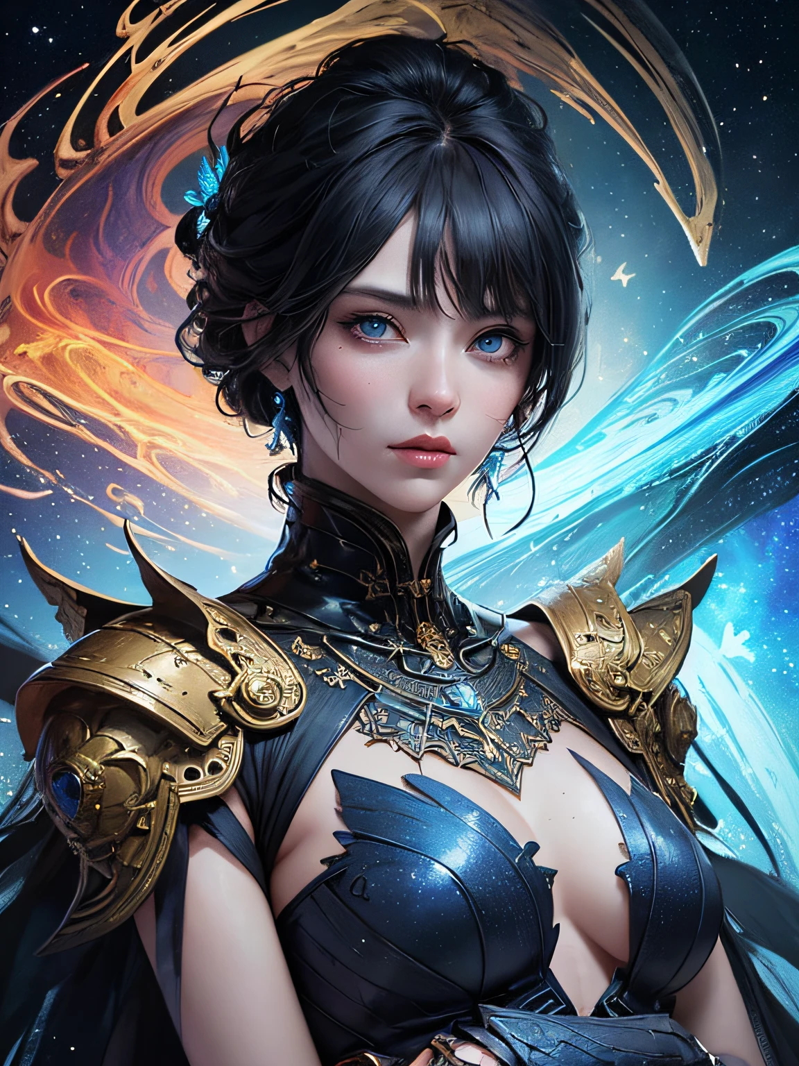 ((Best Quality, 8k, Masterpiece: 1.3)) Beautiful Woman: 1.3 (black short hair with fringe) (blue eyes), Beautiful Face, Crawling Saturated Colors, Psychedelic Images, LSD, Mandala, Fractals, Clothing, Tattoos, Painted Body, Body Tilted Forward, Similar to Alex Gray's Art, Lots of Color Saturation, Swirls, Surreal, Planet Earth, Galaxies, Lots of Lighting, Shadows and Contrast, Role Play, Realistic Eyes, Blue Iris, 3D Depth, Close-up shot, Realistic Skin Texture, Detailed Sharp Scales, Colorful, fantasy art, artgerm ruan jia and greg rutkowski surrealist wet lacquer gold butterfly filigree art, broken glass