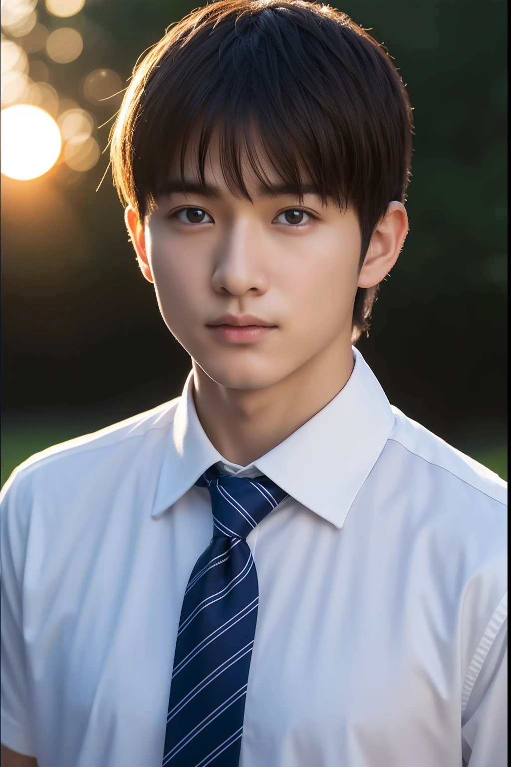 top-quality、student clothes、High school students、Japan Boys、short-haired、A dark-haired、perm、a cool、An ultra-high picture quality、masterpiece、超A high resolution、Full body portrait、(Photorealsitic:1.4)、Raw foto、One Man in the World、Detailed facial texture、1 boy、leaning、clouds、the setting sun、neck tie、School、male people、ember、a cool、Adonis