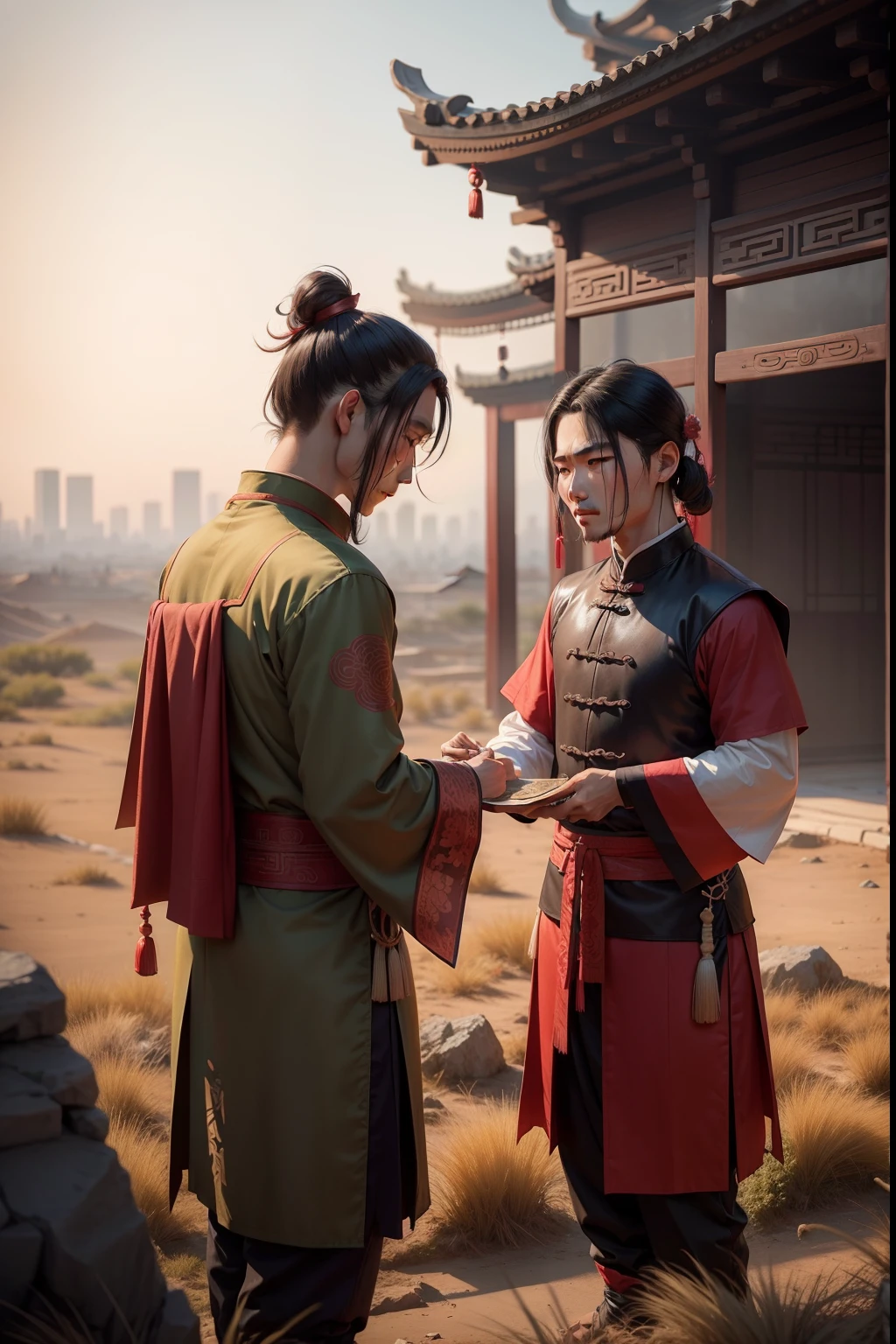 Two ancient Chinese male characters trading cloth,Barren grass filled the city