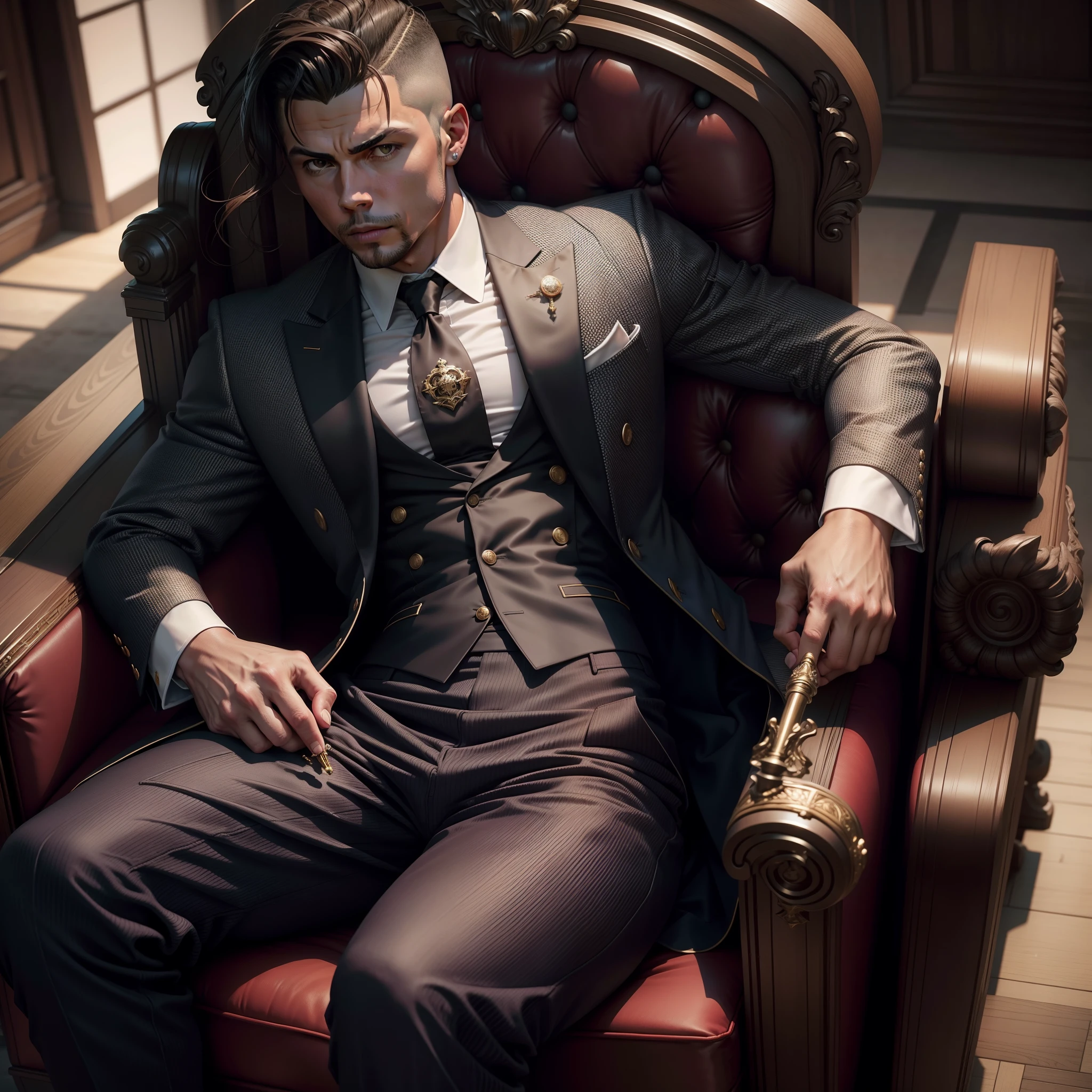 ronaldo seated on a regal king's chair. He dressed in a sharp pant and coat, with two buttons of his shirt casually undone. The scene should exude a cinematic vibe