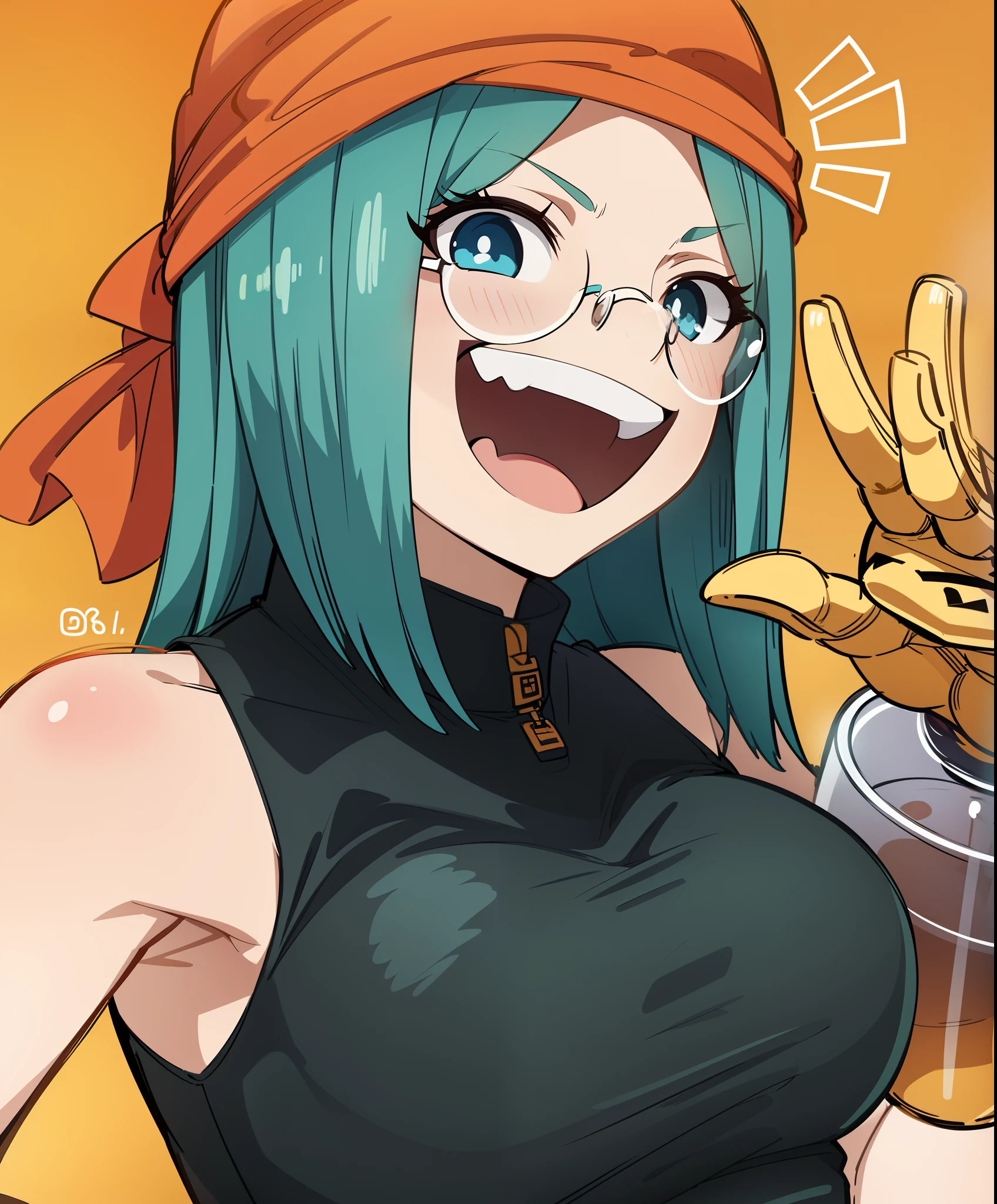 Half body to thigh, night in streets of New York, a japanese woman, she wear a black armored with training pants, wear bandana, she has short green hair in a twintail, dynamic pose, sitting centered in front to camera, cute and adorable, drawing style, digital art, centered, dynamic pose, complex blurry background, lushill style, exquisitely detailed elements, detailed perfect face, hold the glass of coffe, detailed clear eyes, intricate, extremely detailed, highly detailed, realistic look, vivid colors, rim lighting, sharp focus, digital art, unreal engine, concept art, octane render, 8k, trending on Artstation, (((glasses)))