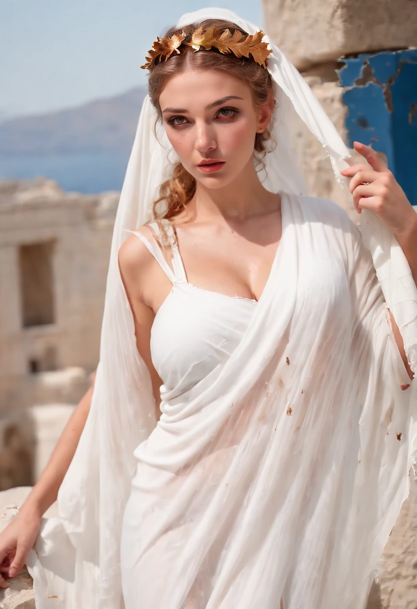 (masterpiece, best quality 16k, HDR), Greek goddess of hearth and fire, with ((dark blonde, dark red eyes)), is fair-skinned, (wears a torn long white greek toga and a torn white veil, ultra huge tits:2.0, realistic nipples:2.0), looks mysterious and beautiful, inside of an abandoned broken ancient greek temple, "holy fire of vesta", Greek mythology, dark atmosphere, photorealistic, super high quality, super detail, ultra accurate description of hands, detailed face, detailed skin texture,