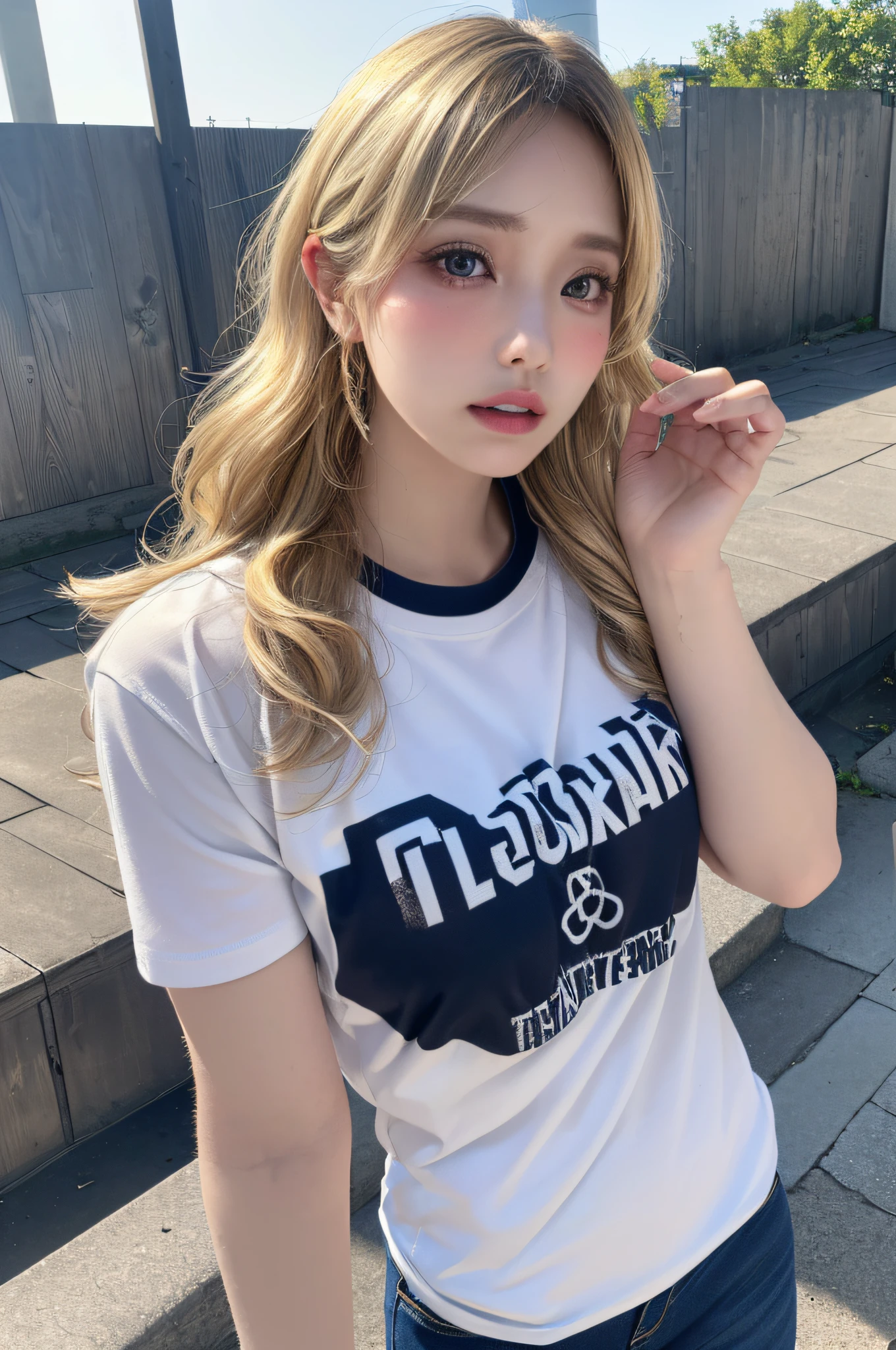 (1girl),large breasts, breasts, tan, dewy skin, sweaty skin, wavy blonde hair, punk tshirt, punk girl