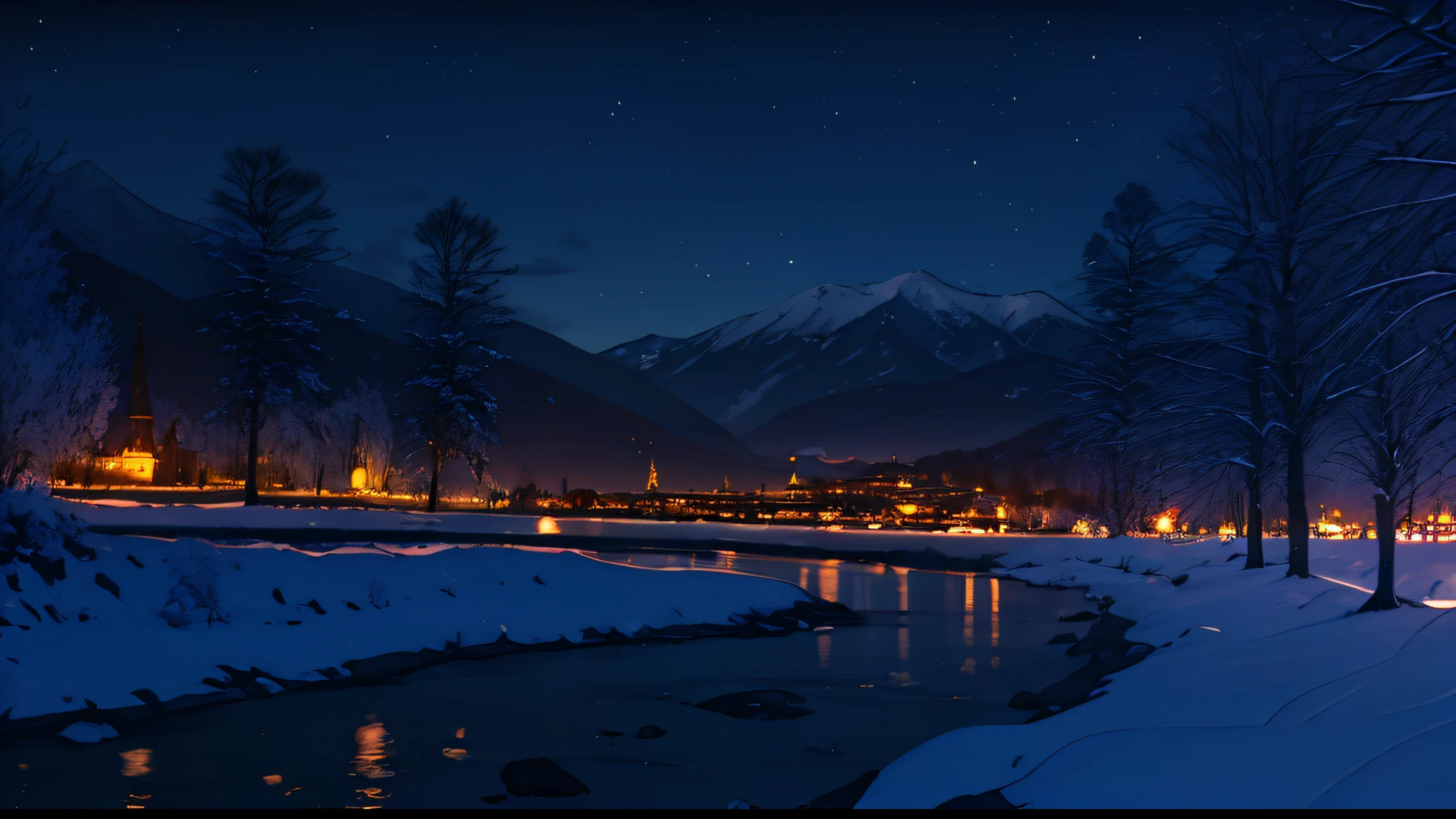 Escena nocturna Paisaje invernal Una persona parada viendo el lago Invierno urbano hermoso paisaje