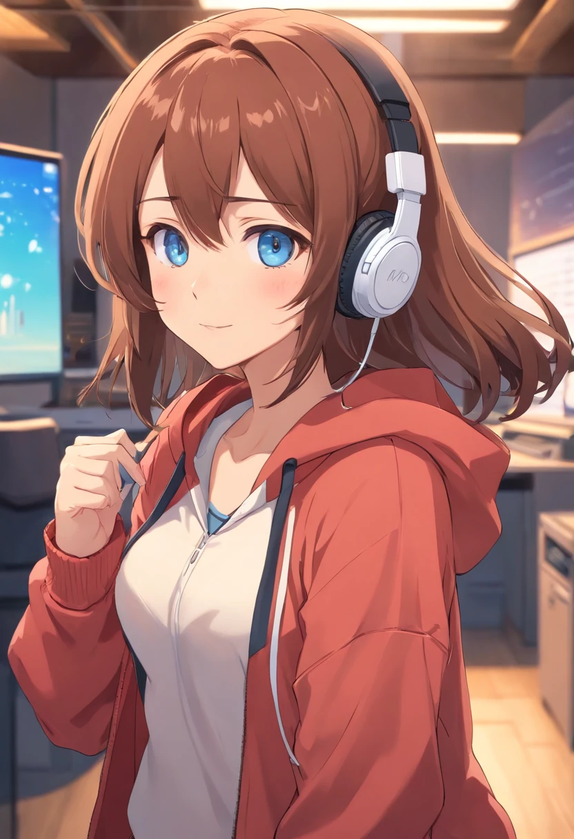 1girl bangs blue_eyes blush breasts brown_hair cleavage closed_mouth covering covering_breasts hair_between_eyes headphones headphones_around_neck hood hood_up hoodie large_breasts leaning_forward long_hair long_sleeves looking_at_viewer pants smile solo, full body