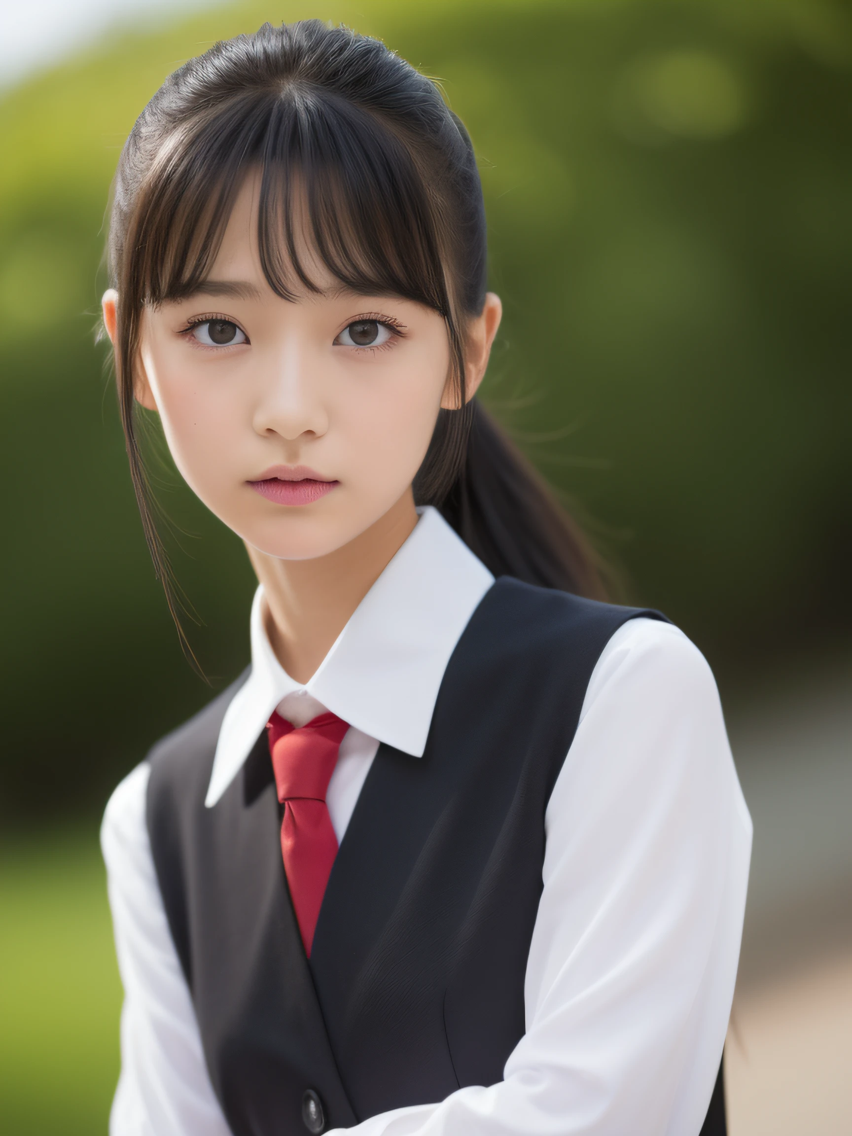 (top-quality、​masterpiece)、Neat and clean schoolgirl、petite person、13yo girl、Ponytail with black hair、Blouse with white collar、Red checked miniskirt、white  panties、beauitful face、(slim, Small, Flat, Small)、Detailed eyes、Black eyes、Double eyelids、outside of house、the wind、shinny skin、blurry backround、