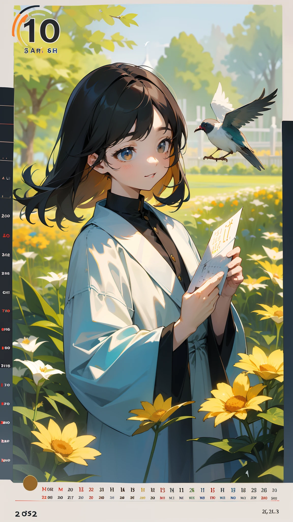 ((Masterpiece,Best quality,modern)), Screen description:
In the picture,There is a simple calendar,It shows the date of each day。A page of the calendar opens,A date is displayed,Represents the day。There is a small bird next to the calendar,It is persistently handing a note to the audience with its beak,As if telling them what happens every day。The note contains a short overview of the important events that happened that day。The background is a garden in the warm sun,The flowers sway gently in the breeze。The whole picture exudes a calm and warm atmosphere。