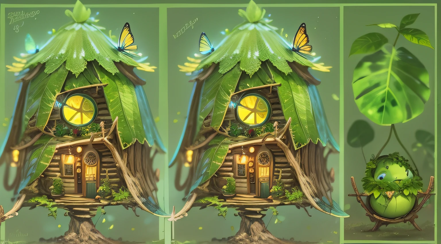 Jungle Wood Spirit,Golden-green fluorescent antennae,Cute elves,log cabin,As night fell