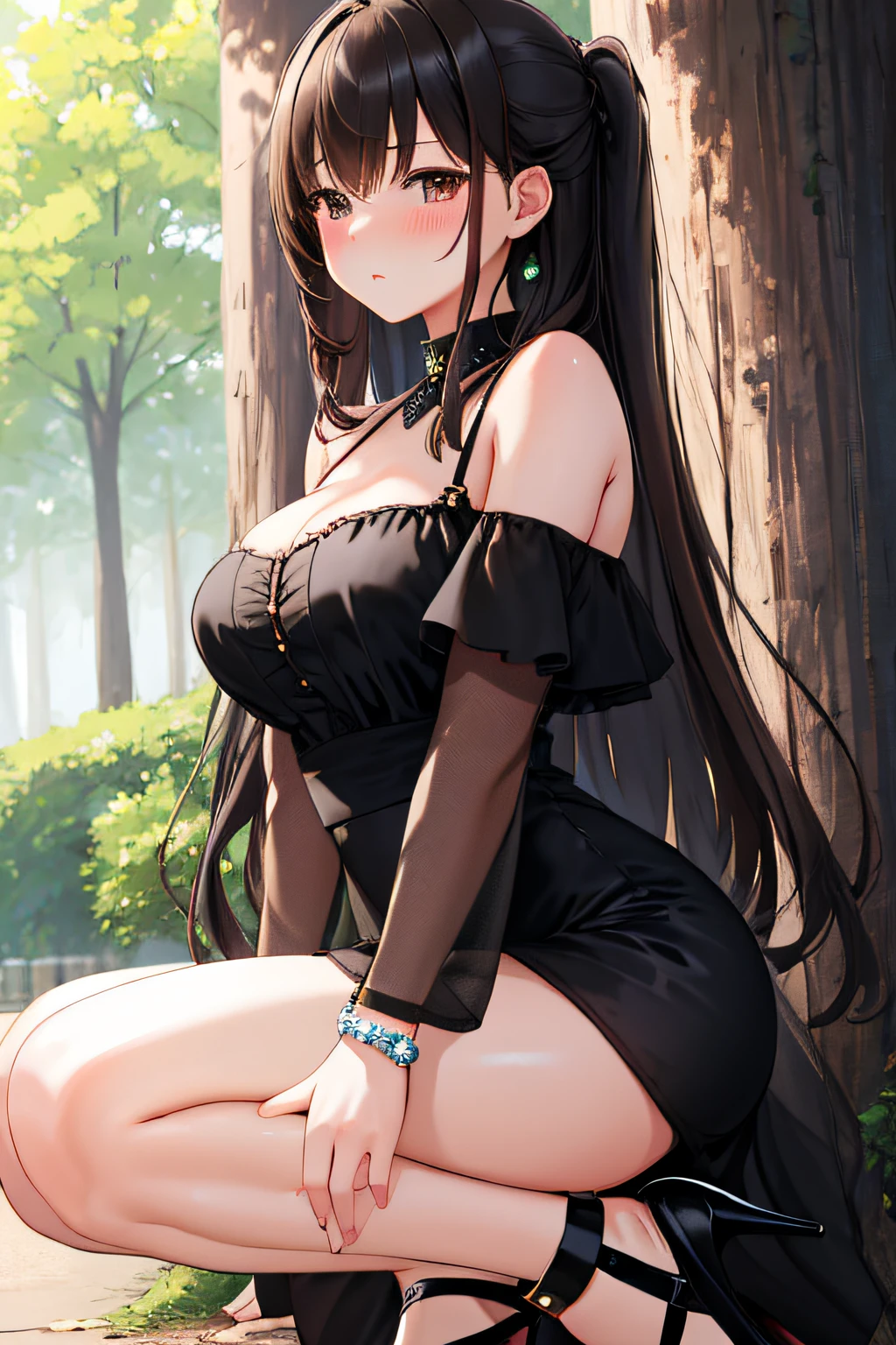 (Masterpiece), (Best quality), (Ultra detailed), 1girll, sexyposture, Blush,Medium breasts, Off-the-shoulder dresses, stocklings,strap high heels,Bracelet,Long hair, Brown and black hair, In a park with trees, Shy