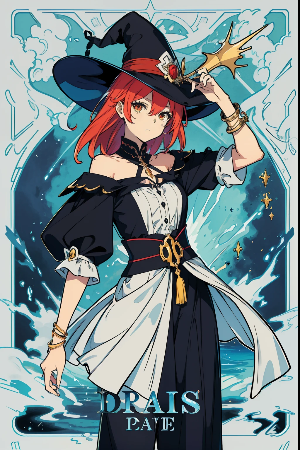 ((((dramatics))),(((grittiness))),(((irate)))Bright colors,Magic background,water background,the sky background,tmasterpiece, Best quality at best, extremely detaile, absurderes, Expressive clothes, Fine fabric emphasis, Ray traching, estilo fantasia,,1girll,Witch hat,Dragon horn,is very beautiful,Dress conservatively,Fighting posture。The color palette is predominantly cool,With bright colors,giving the poster a dynamic and visually striking appearance,tachi-e (Magazines:1.3),(Cover style:1.3),Fashionab,woman,with dynamism,garments,posing on a,frontage,rich colourful,dyna,Background with,element in,self-assured,Expressing the,halter,statement,Accessories,A majestic,coil,Runt,Touching pubic area,Scenes,text,Cover of a,Bold,attention-grabbing,titles,Fashionab,typeface,Catchy,titles,more big,attention-grabbing, modern day, Fashionab, focal, Fashionab,