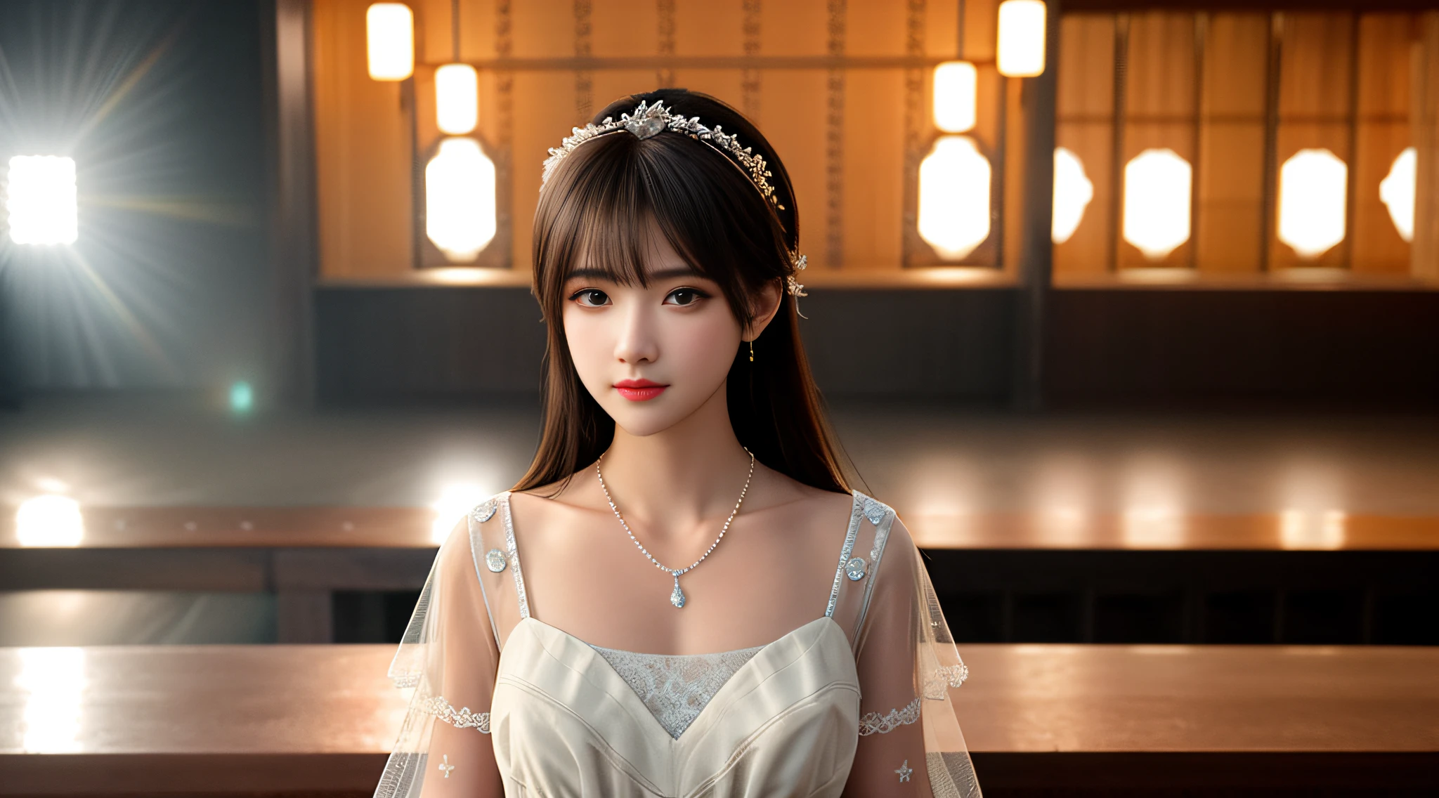 Best quality, masterpiece, high resolution, 1girl, porcelain dress, hair accessories, necklace, jewelry, beautiful face, on the body, Tyndall effect, realistic, dark studio, edge lighting, two-tone lighting, (high detail skin: 1.2), 8k UHD, dslr, soft light, high quality, volumetric light, candid, photo, high resolution, 4k, 8k, background blur,