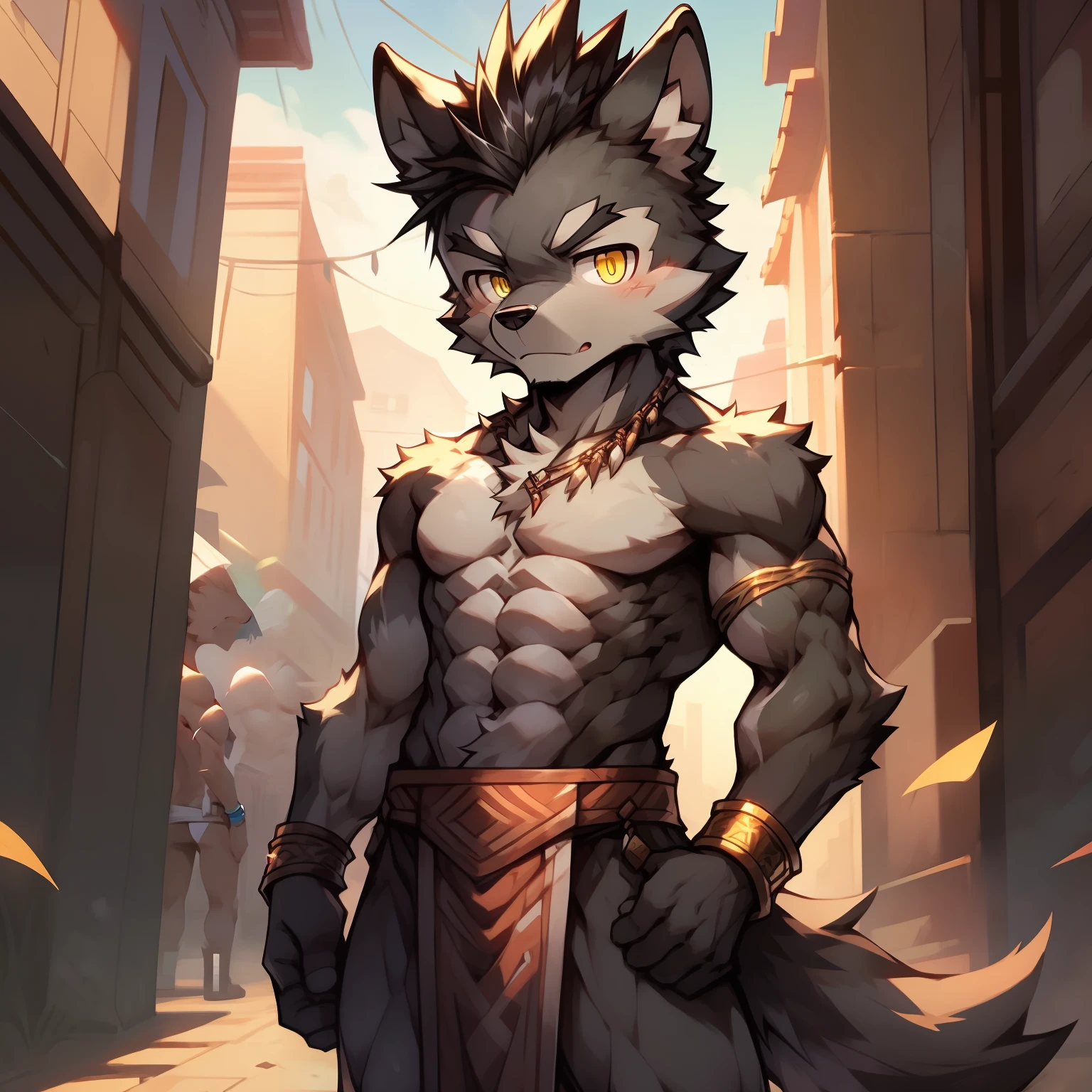 Best quality, Young, 15 year old, Furry, Solo, Male Wolf: 1.5, Black fur: 1.5, Black Ears, Animal Ear, Yellow eyes, Muscular body, Abs, Wearing Thai loincloth , Topless, Standing in street of Thailand Wearing bracelets, Mohawk hair, Detailed fur, Detailed clothes.