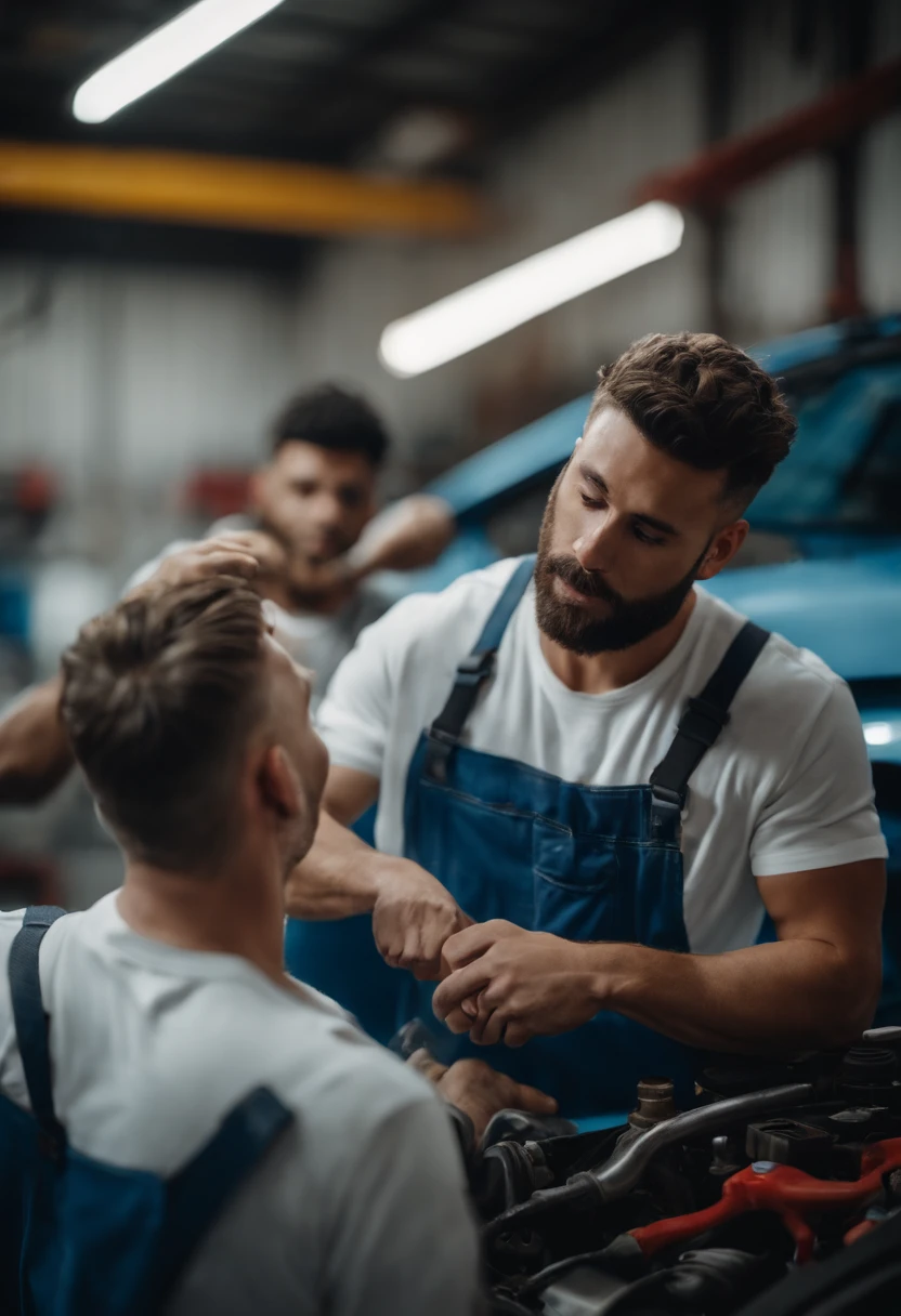 Two men working together on an auto mechanic. They wear white T-shirts and blue overalls. A man is tanned, alto, forte jovem, belo, cabelo curto, pele branca, the other man is skinny, tem cabelo de menino do tiktok, it's gorgeous and heartthrob. They're getting a blue colored car. The background of the image is an automechanics shop.