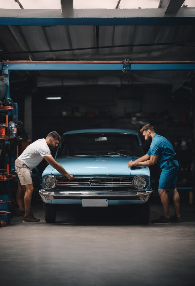 Two men working together on an auto mechanic. They wear white T-shirts and blue overalls. A man is tanned, alto, forte jovem, belo, cabelo curto, pele branca, the other man is skinny, tem cabelo de menino do tiktok, it's gorgeous and heartthrob. They're getting a blue colored car. The background of the image is an automechanics shop.