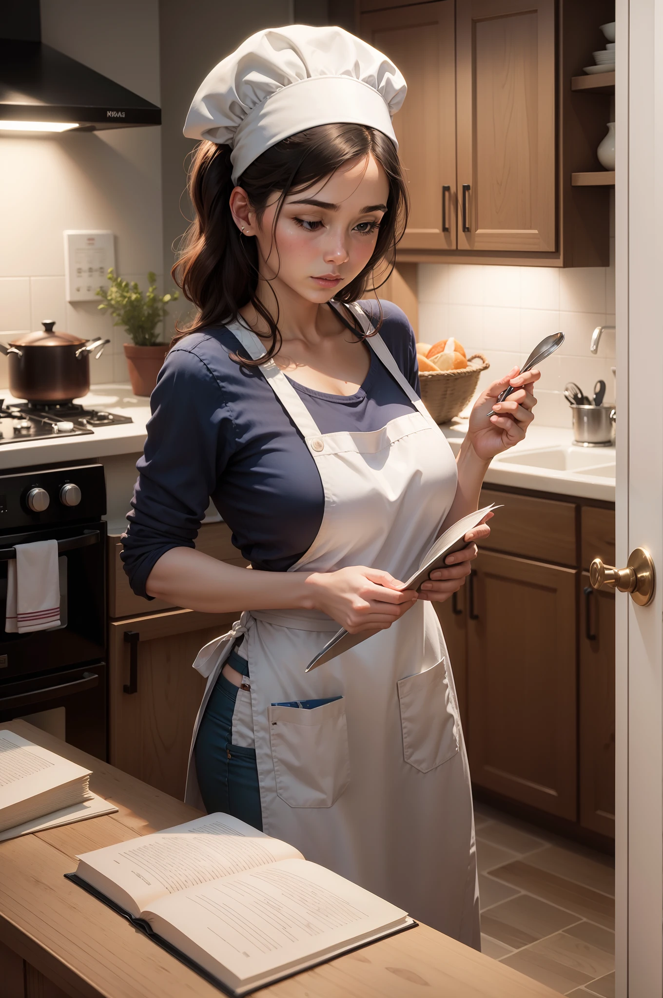 woman in kitchen with cookbook