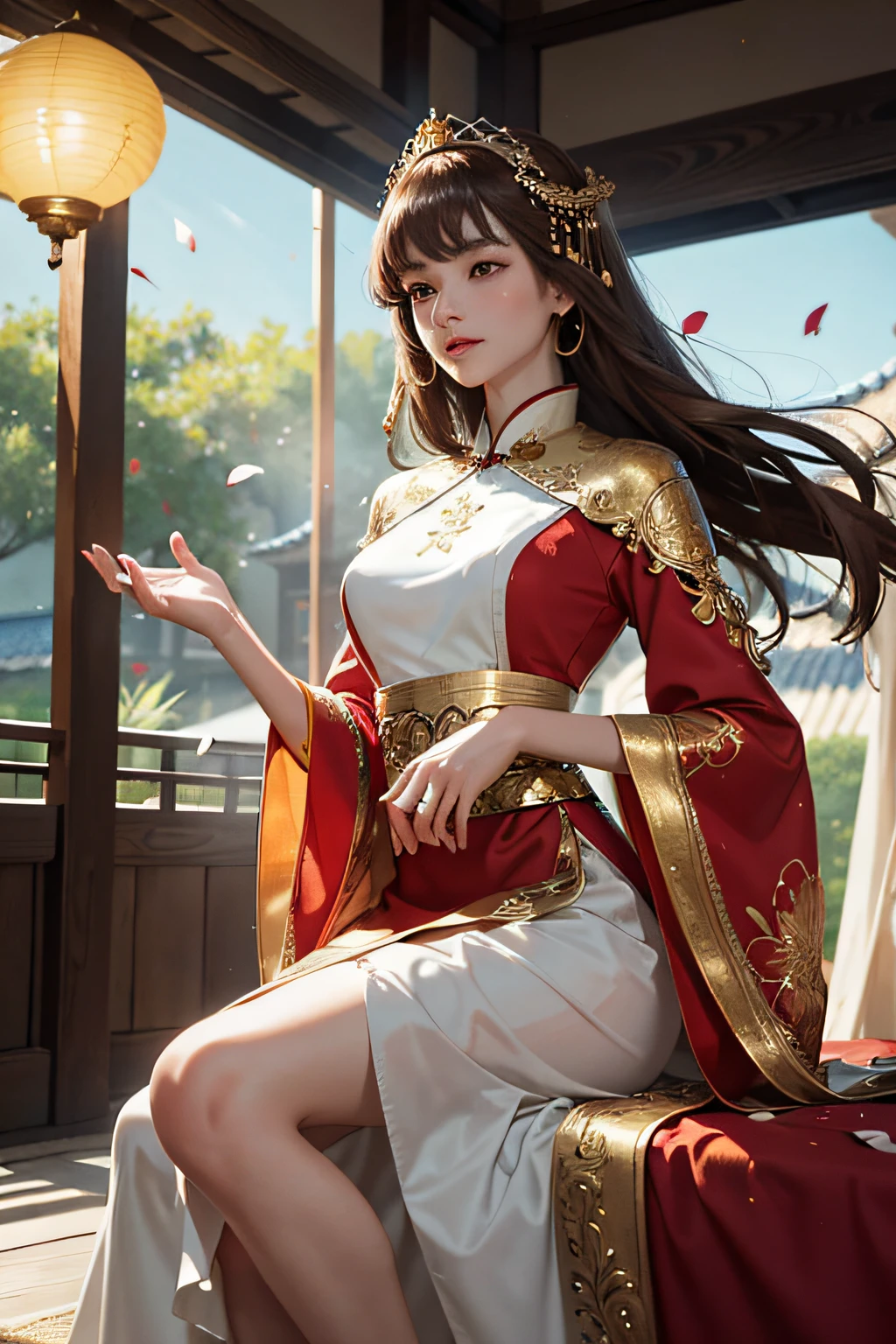 best quality, masterpiece, highres, (exquisite body:1.5),gorgeous face,(milky skin:1.3),intricate details,high resolution,wallpaper,
1girl, solo, dress, hair ornament, (((gold and red dress))), flowers, long hair, brown hair, closed mouth, jewelry, long sleeves, hand up, wide sleeves, big eyes,floating hair, chinese clothes, hanfu, embroidery, long skirt, natural pose, falling petals, indoor,fanning, lantern,
16K,HDR,highres,depth field,(film grain:1.1),boken,golden hour,(lens flare),vignette,rainbowing,(color grading:1.5)