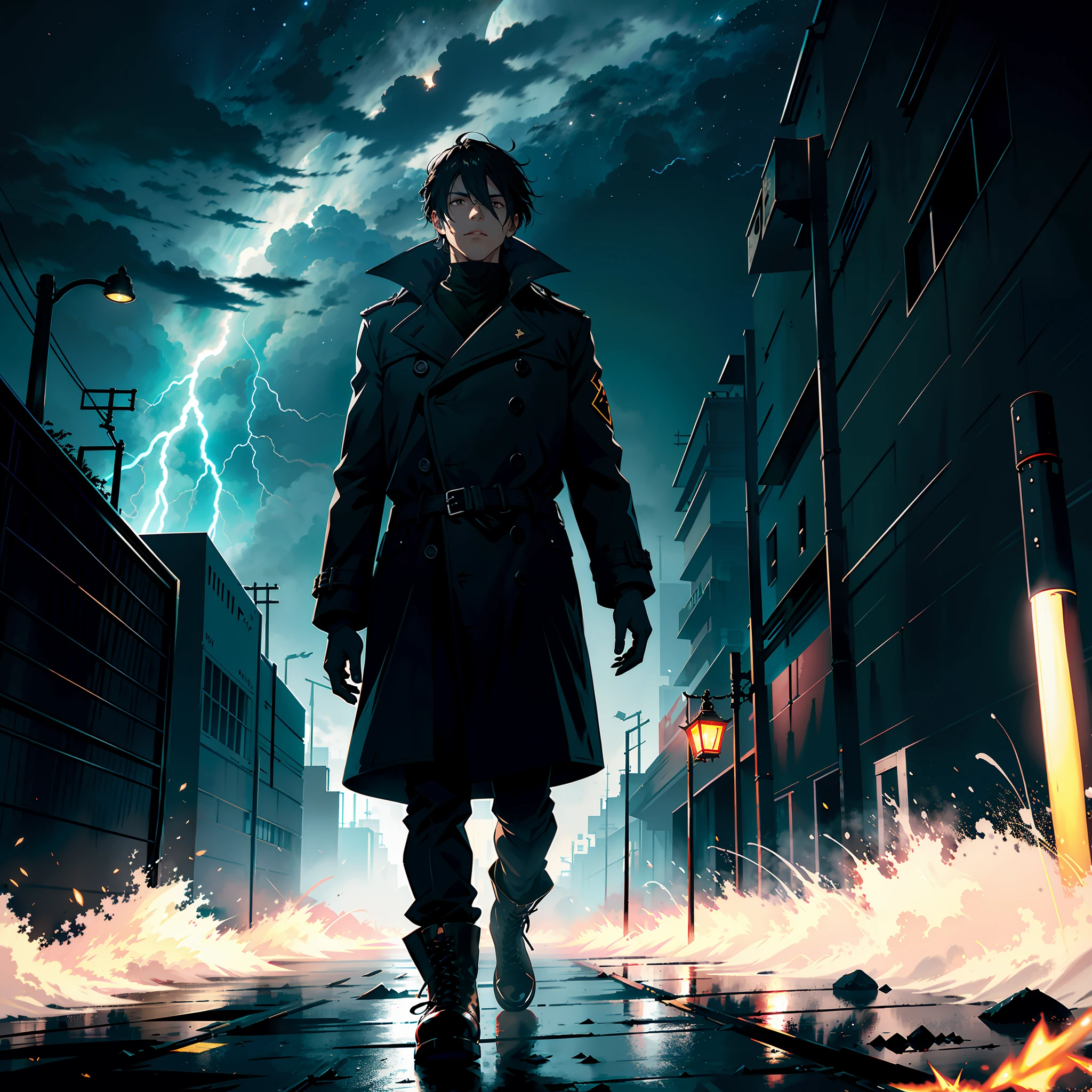 El cazador de demonios es un joven con cabello negro y barba,Wear a large black trench coat with a black pattern。Exit the congested underground warehouse,He disappeared into the streets covered by thick fog.。El cielo estaba oscuro afuera,Asalto,Occasional lightning bolts。La Luna, Tema oscuro, optical, imaginativo。