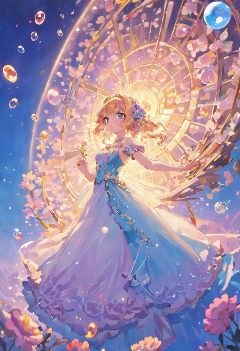 Under the blue-pink sky, blue-eyed maiden, beautiful wedding dress, golden light shining, flowers, bubbles