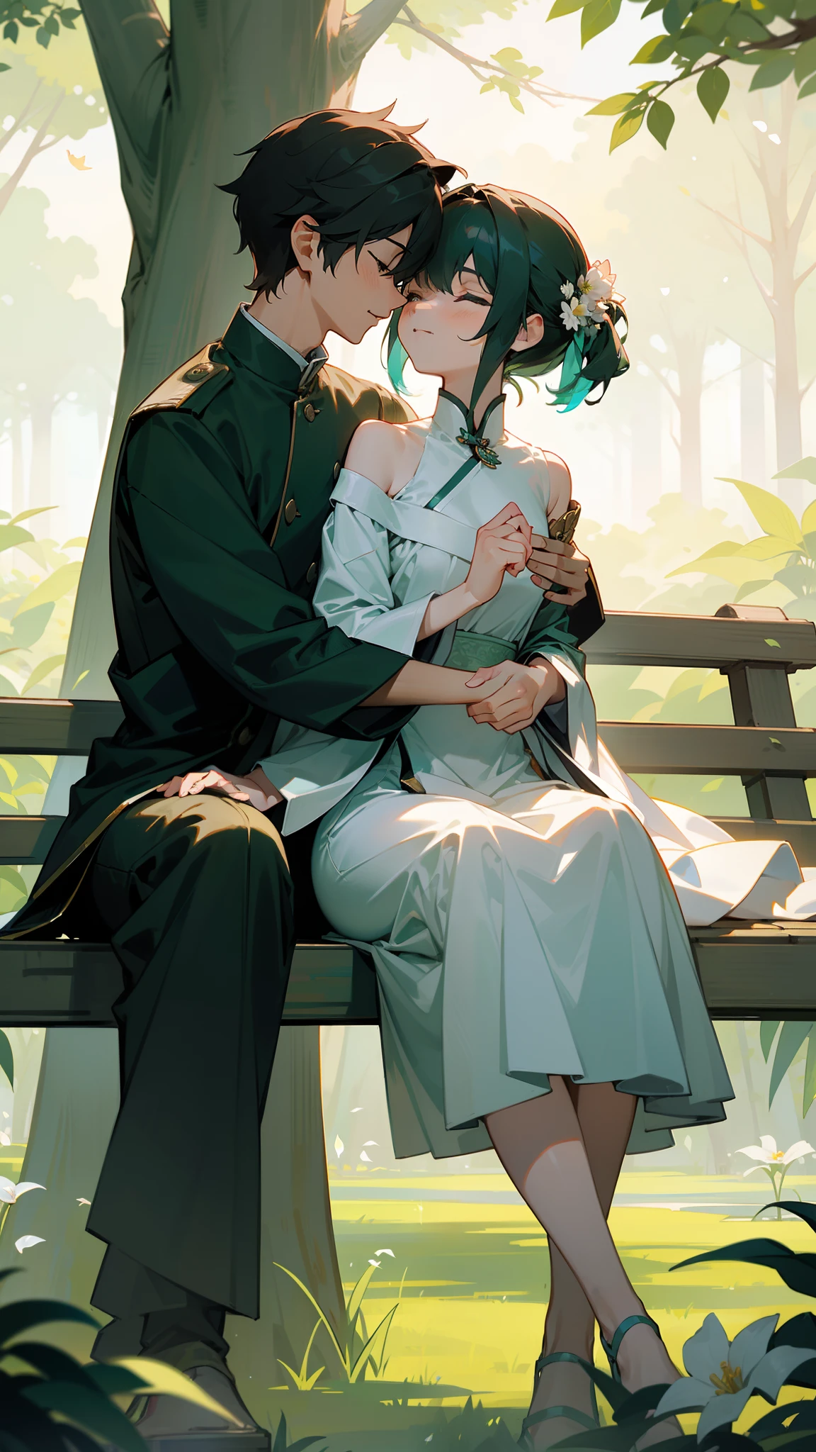 ((Masterpiece,Best quality,modern)), Screen description:
On a peaceful and warm evening,The two sat quietly on a leisurely bench。It is surrounded by a green garden,The flowers bloom with colorful colors,Exudes a rich fragrance。Sunlight shines on them through the gaps in the leaves,Gave them warm hugs。The two snuggled up to each other,It seems to have become accustomed to this intimate and tacit posture。Their expressions were filled with serenity and contentment,It was as if time had stopped at this moment。In the distance came the soft sound of birdsong and the breeze blowing through the leaves,It adds a sense of serenity and permanence to this long-lasting relationship。
