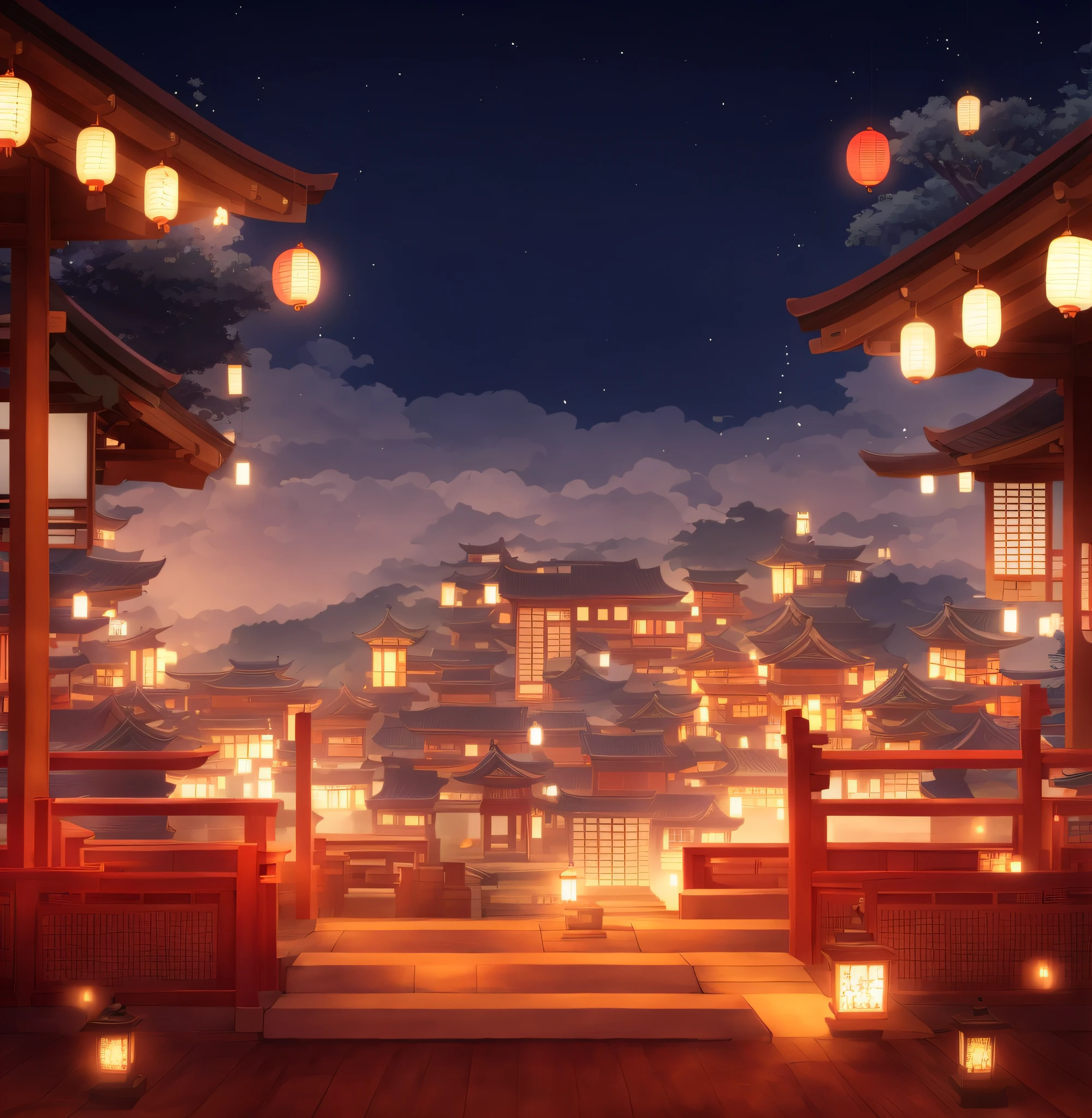 There is a photo of a Japanese-style building with lanterns, background artwork, nightime village background, Anime background art, summer festival night, arte de fundo, summer festival in background, calm evening. Digital illustration, festivity. scenic view at night, dreamy Chinese towns, A beautiful artwork illustration, Onmyoji detailed art, Zen temple background, fairy tale style background