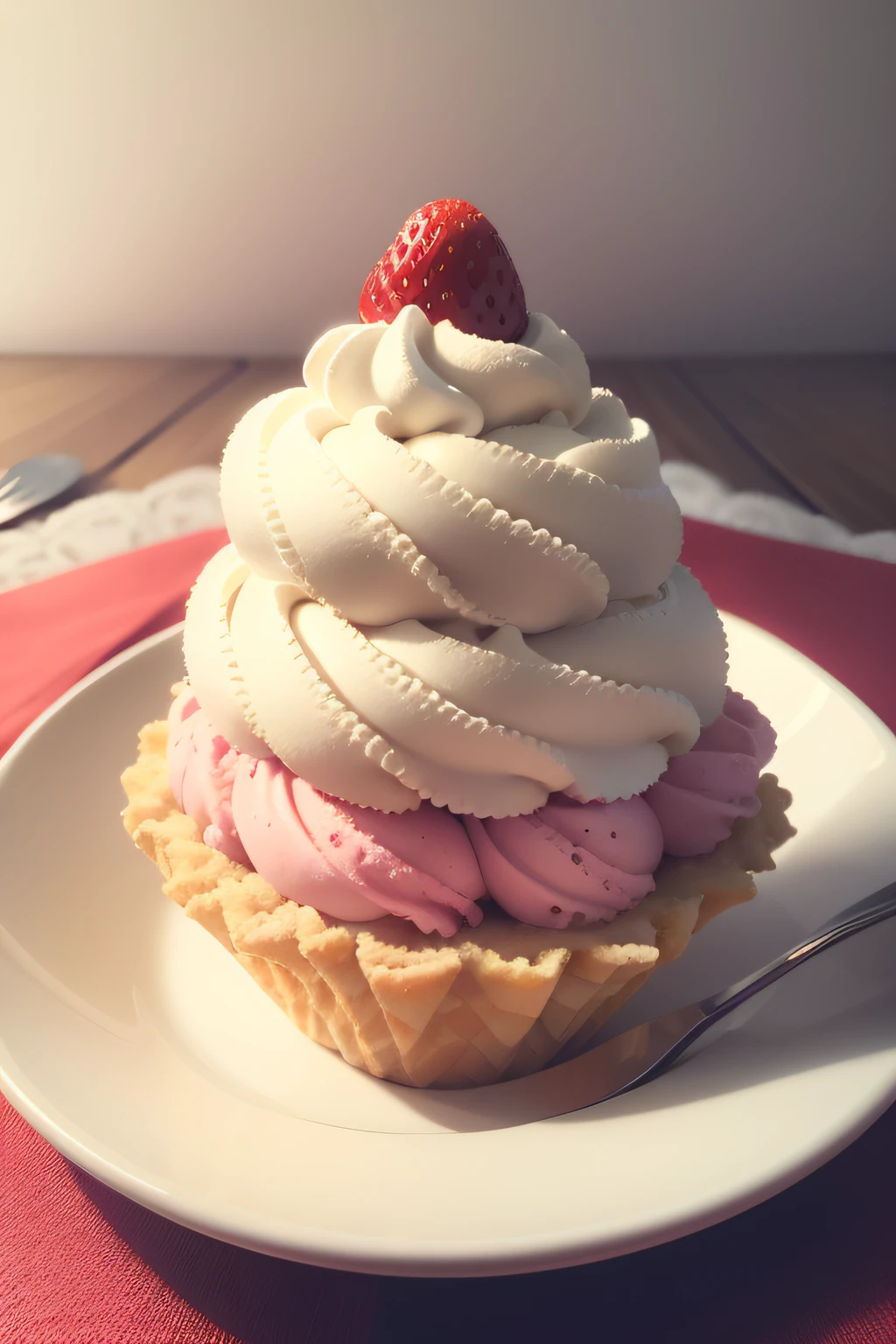 ice cream dessert in a cone, with a strawberry on top, Mar de Parfait, sobremesa, chantilly por cima, decadente, geleia, Sobremesas, delicioso, veludo vermelho, Transbordando, chantilly, brasileiro, Luz no topo, cobertura de chocolate, caramelo, delicioso, irresistible, Nata