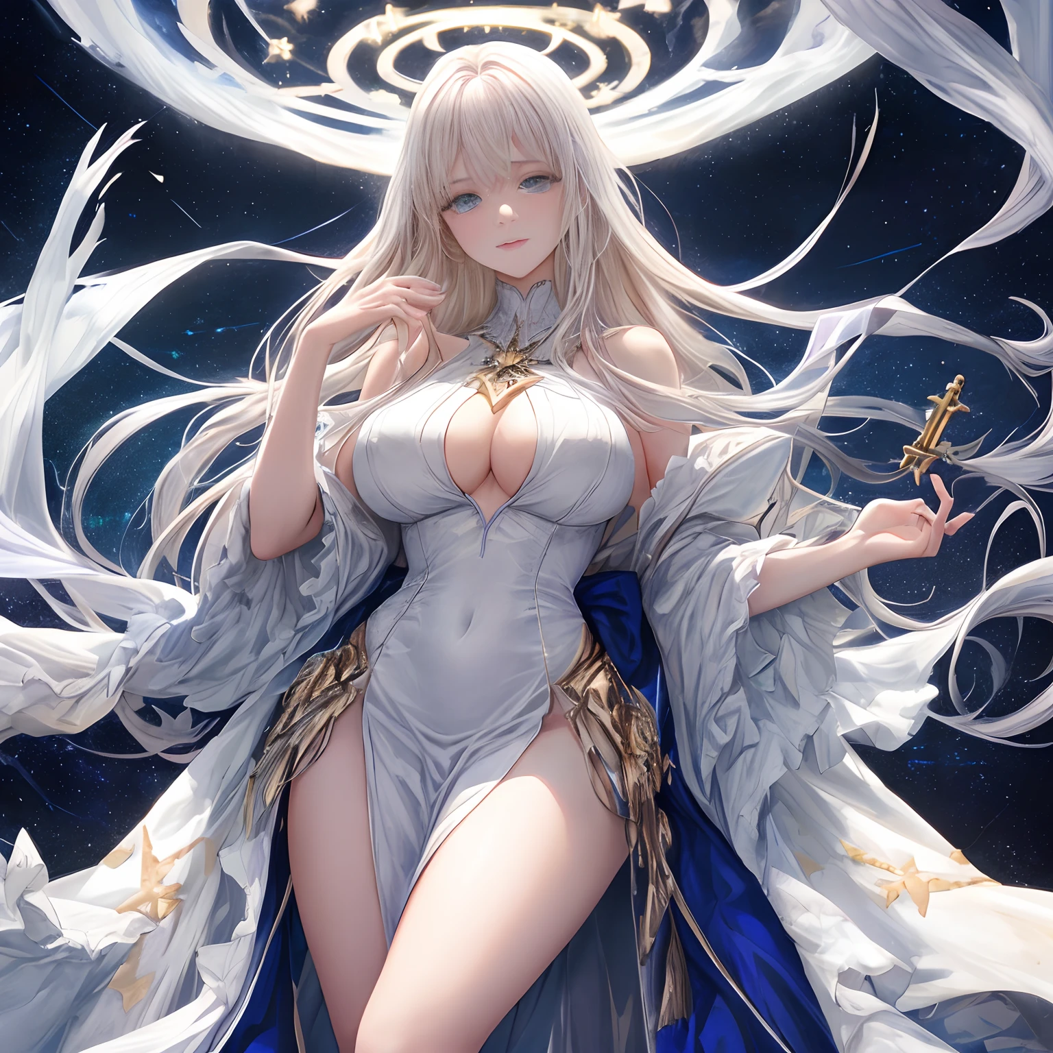 A young woman with long bright blonde hair，The background is a vast starry sky，stars surrounding her，she has blue eyes，Delicate and beautiful face，face expressionless，The expression was indifferent，There is a silvery-white halo on the back of the head，Wear a conservative tight white dress，There is a silver cross on the chest，Excellent figure，incomparably huge boobs，Slim waist，slender leg，Floating in the palm of her hand was a glowing silver key