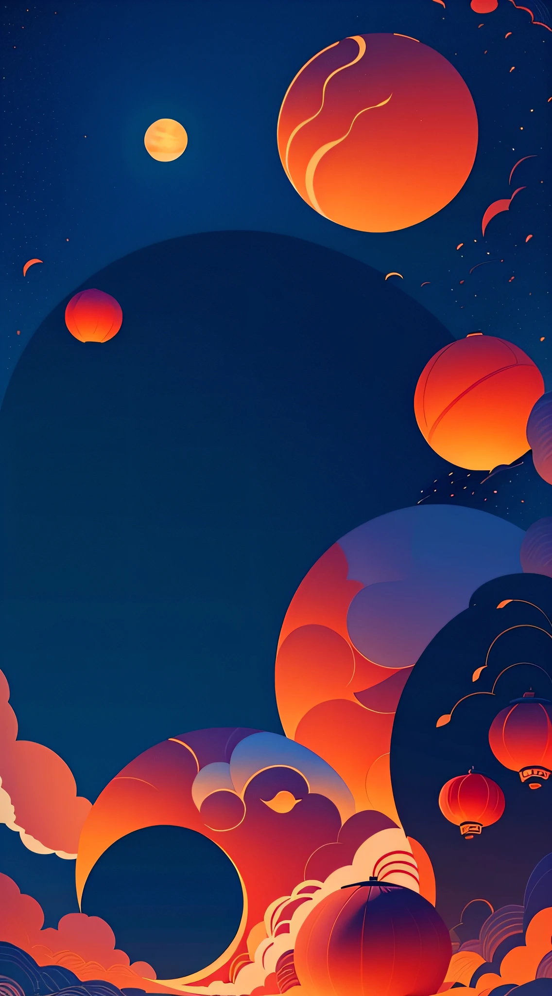 Mid-Autumn Festival,Moon cake, Auspicious clouds, Red lanterns, Exquisite ancient Chinese architecture, In the background is a huge moon, With vector line illustration, amarelo、Red and dark blue tones, Abstract picture, No Man,No Man,No Man,surrealism, Clear background trends, clear contour light, Edge light, fantasy, Dappled light, Flat illustration,Disney style, 8K, --AR 9:16 --q 2 --niji 5