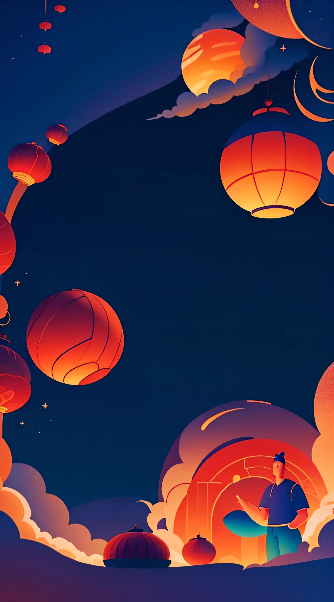 Mid-Autumn Festival,Moon cake, Auspicious clouds, Red lanterns, Exquisite ancient Chinese architecture, In the background is a huge moon, With vector line illustration, amarelo、Red and dark blue tones, Abstract picture, No Man,No Man,No Man,surrealism, Clear background trends, clear contour light, Edge light, fantasy, Dappled light, Flat illustration,Disney style, 8K, --AR 9:16 --q 2 --niji 5