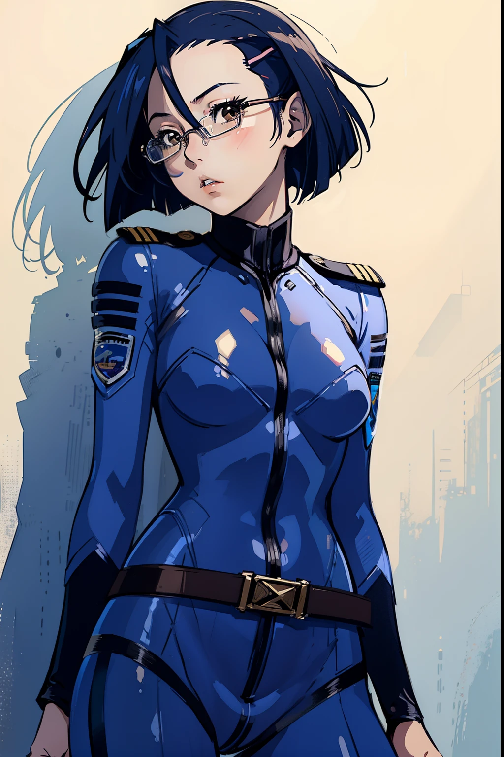 (masterpiece, best quality:1.2), solo, 1girl, niimi kaoru, expressionless, closed mouth, looking back, hairclip, glasses, bodysuit, uniform, belt