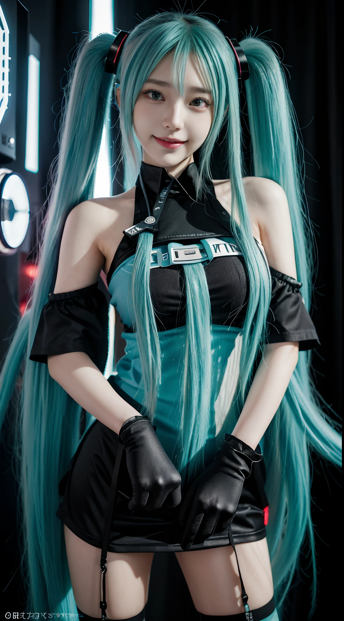 (Front focus), keyword: 1 girl sitting in the classroom to take pictures, (((Hatsune Miku))), (In the dark:1.6), surrealist portrait, Fantasy art, photograph realistic, Dynamic lighting, poster for, Bokeh, voluminetric lighting, Very detailed faces, 8K, Award-Awarded, 1girll, 25 year old girl, deepshadow, low tune, Long two-tailed hair with ponies, Bright Tosca hair and eye color (((Rich in color))), breast enhancement, Round chest, Nack shoes , full bodyesbian, Big smile (Open mouth), Wet skin, Highly detailed face and skin texture, Detailed eyes, Realistic eyes, Beautiful detailed eyes, (Realistic skin), (((Futuristic Hatsune Miku dress 1:1))), dynamicposes,fully body photo,full bodyesbian