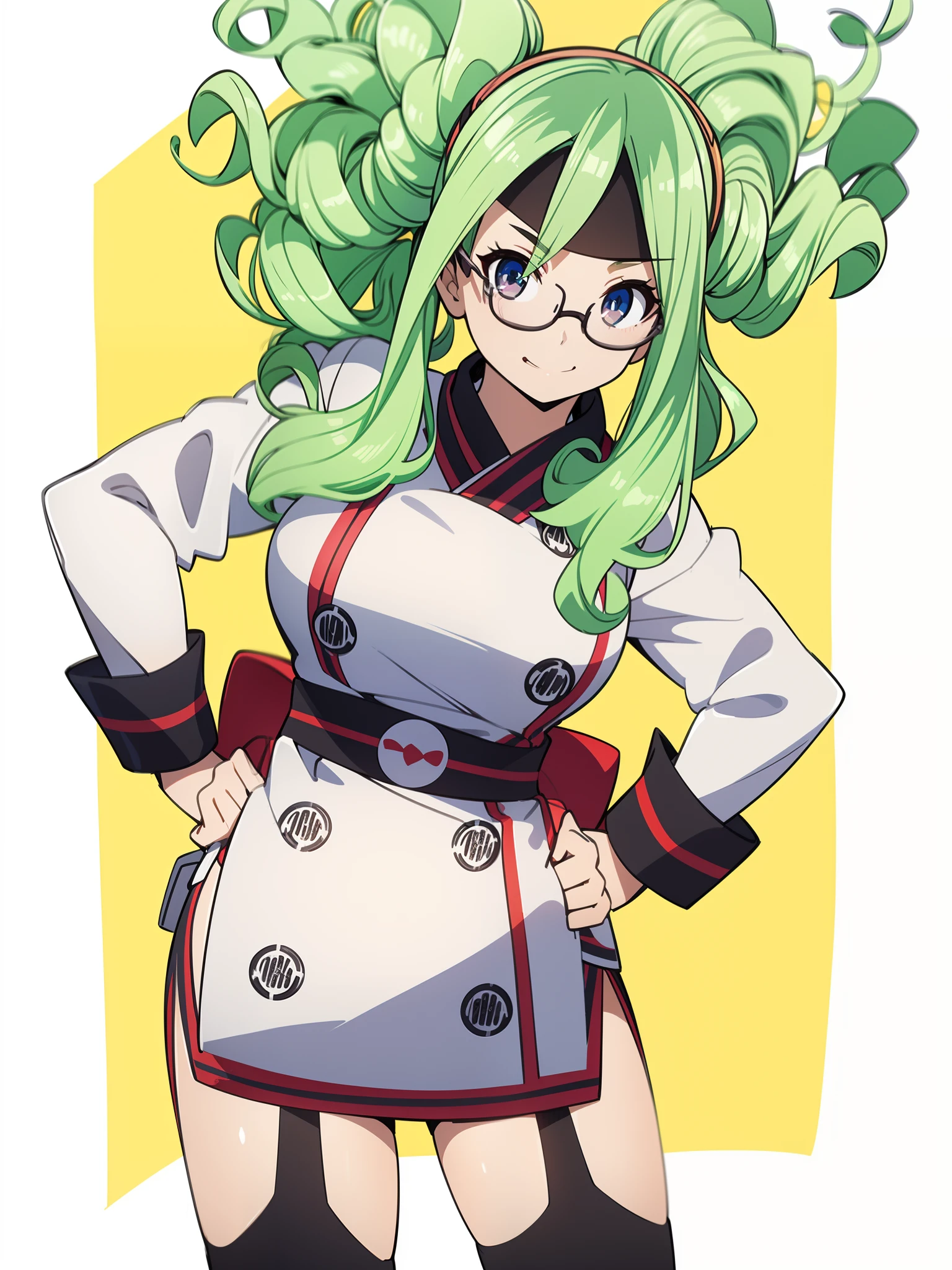 Half body to thigh, night in streets of New York, a japanese woman, she wear a white chef outfit with training pants, she has long green hair in a twintail, Curly hair, dynamic pose, standing centered in front to camera, cute and adorable, drawing style, digital art, centered, dynamic pose, complex blurry background, lushill style, exquisitely detailed elements, detailed perfect face, hold the glass of coffe, detailed clear eyes, intricate, extremely detailed, highly detailed, realistic look, vivid colors, rim lighting, sharp focus, digital art, unreal engine, concept art, octane render, 8k, trending on Artstation, (((glasses))), (black framed eyewear:1.1)