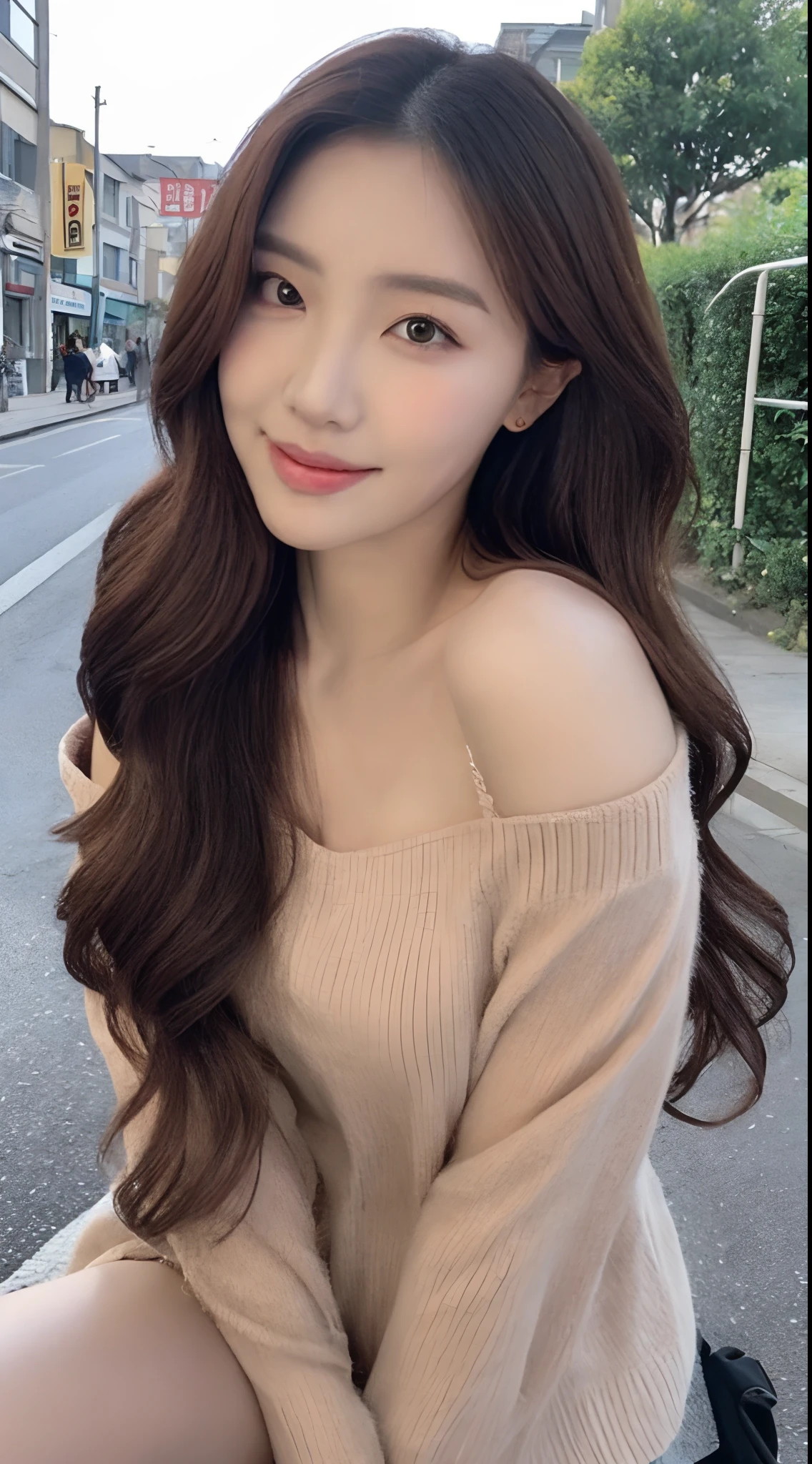 (1 Korean star with royal sister style), ((best quality, 8k, masterpiece: 1.3)), focus: 1.2, perfect body beauty: 1.4, (smile), (Street: 1.3), highly detailed face and skin texture, fine eyes, double eyelids, whitening skin, (big wave hairstyle: 1.3), (round face: 1.5), (rose off-the-shoulder top: 1.4),