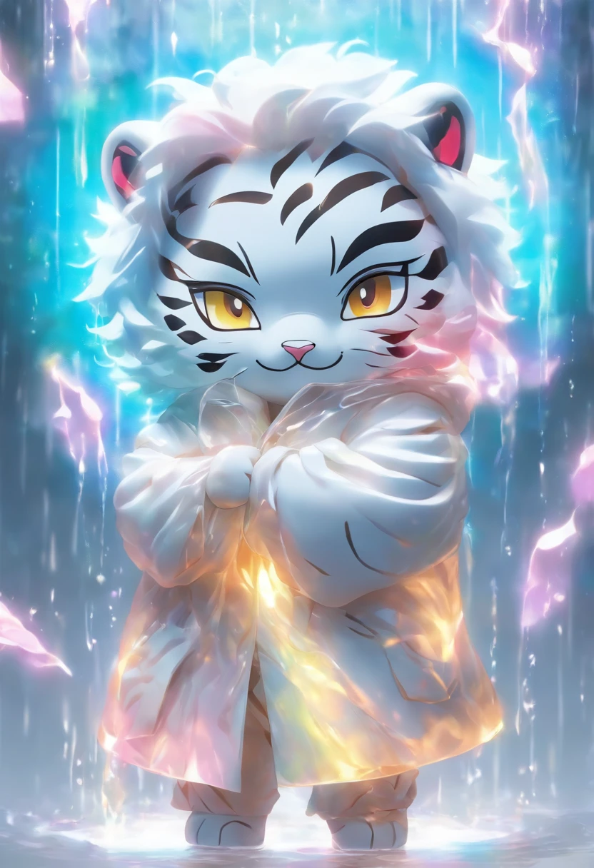 Clear plastic, filled with mother-of-pearl iridescent White Tiger inside, raincoat wrapped, 55mm, sharp focus, real, white background, studio lighting, Christo and Jeanne-Claude, chibi, best quality--s 150 --niji 5 --style expressive