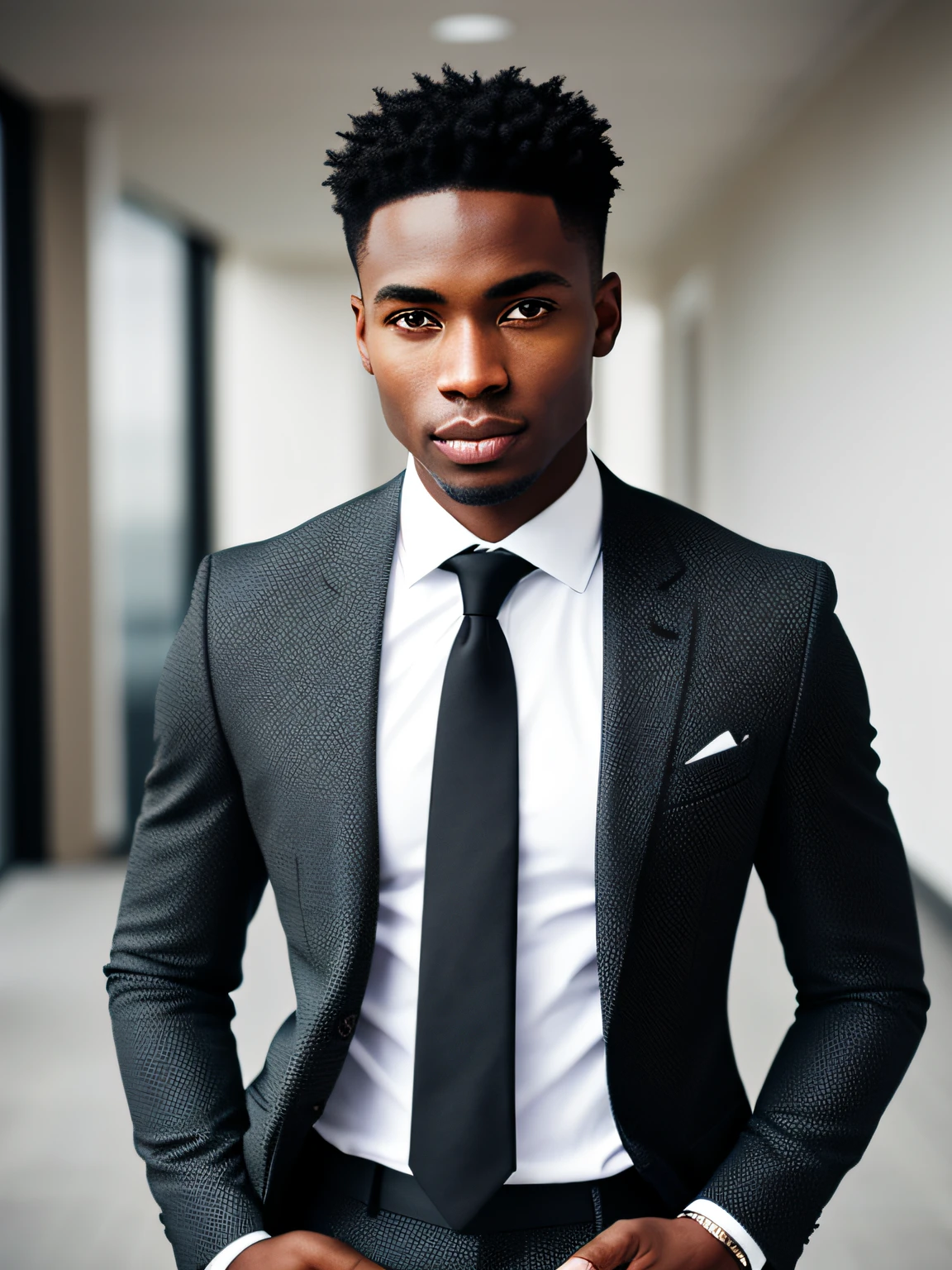 Portrait, which are full of confidence, inspiration, Man from black, Fair skin, heterochromatic eyes, (Skin Texture), Skin pores, Shallow depth of field, Sharp Eye Focus, back lighting, Tapered nose, Standing, Full body, Business Room,Thin, Tight suit, Standing, Full body, Endurance, tmasterpiece, professional photograpy