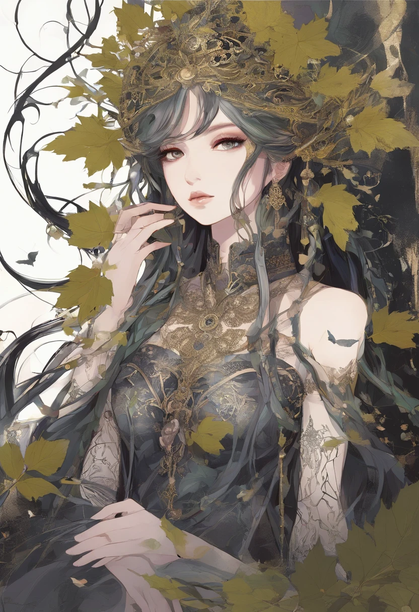 tmasterpiece, top-quality, 1 Dryad、Slim body、Large breasts、Leaf clothes、Large leaves on the head,,,、World Tree、Fantastical、Slim body、Large breasts、beautiful countenance、Dryads、larva、mito 、PsyAI,Dimly lit forest,Pale skin,Vines wrap around the body,The vine passes between the legs,bust,Refined face,largeeyes,Delicate eyes,Haughty expression,A queen,A throne made up of large trees