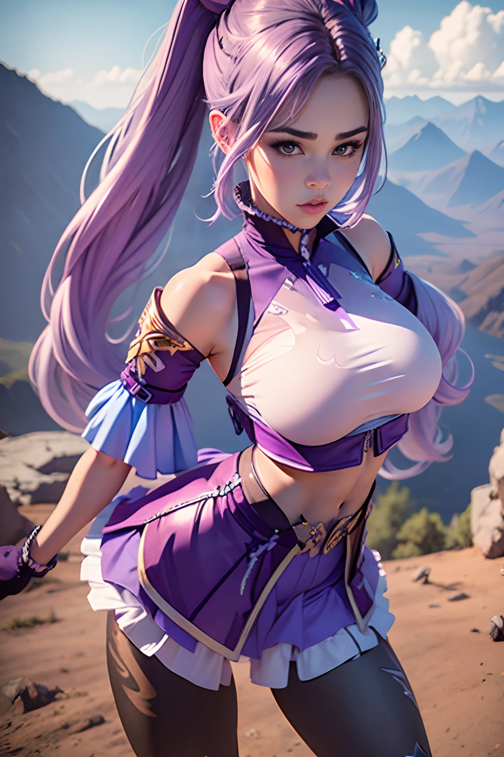 (Best quality) (masterpiece) 1girl, light purple hair pigtails. Big breasts, bulged skirt, ((ripped tights)). Lightning mountain background. Dark. Body turned to camera. Looking at camera seductive eyes. Pout lips. Crop top. Octane render.